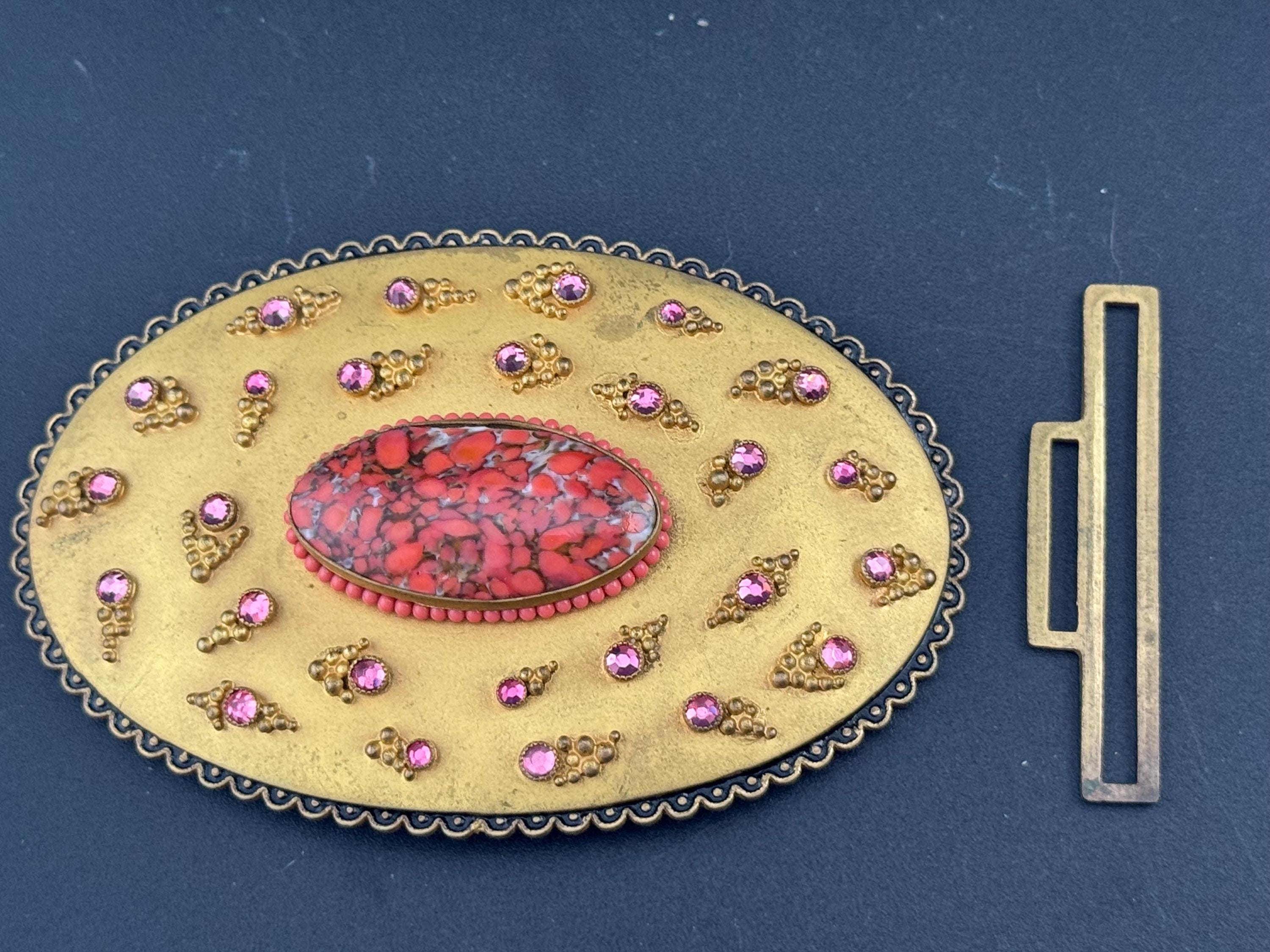 Oversized XL Antique Czech gold Gilt Ormolu pink rhinestone red cabochon oval metal Belt Buckle Georgian Victorian