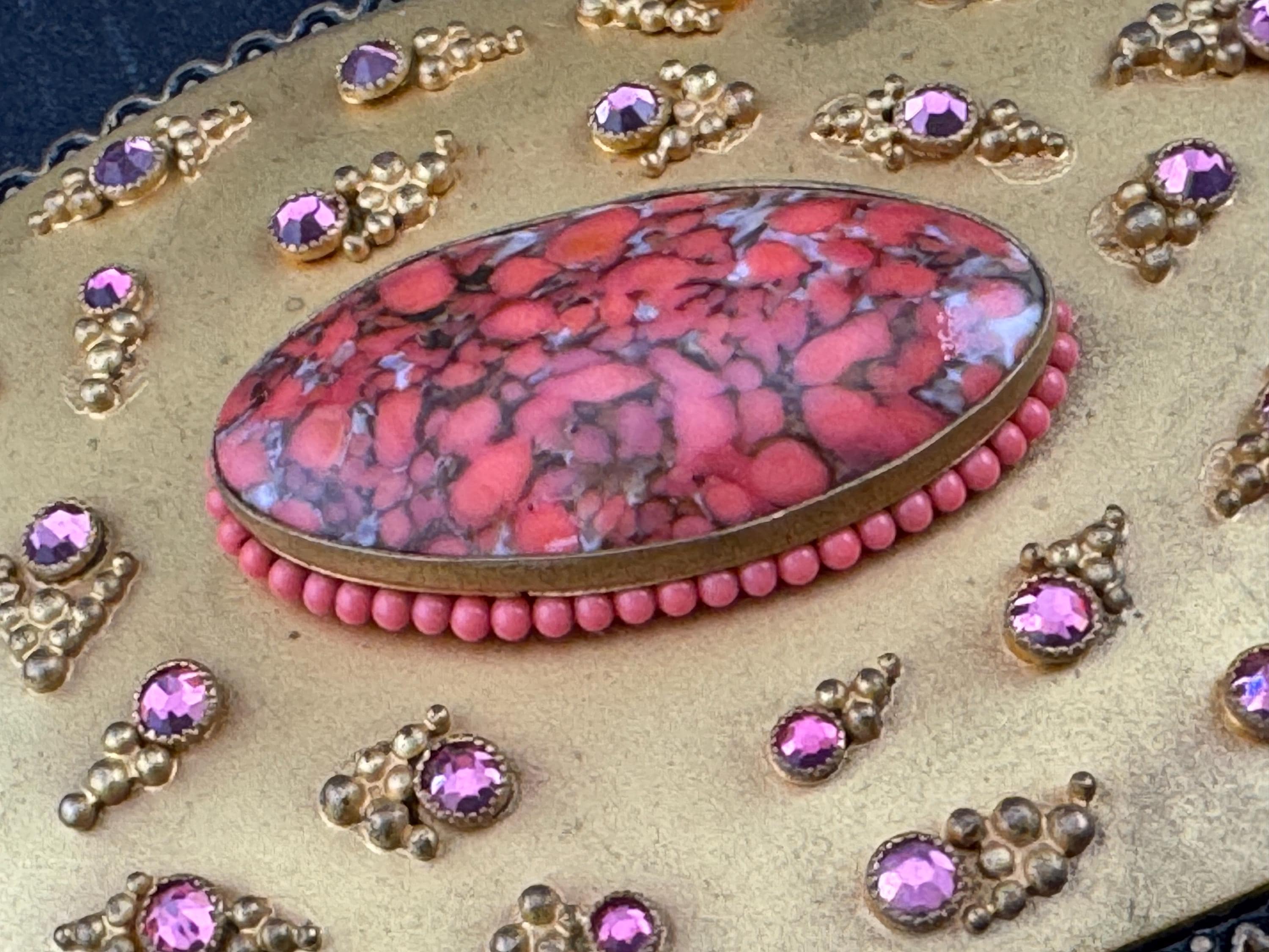 Oversized XL Antique Czech gold Gilt Ormolu pink rhinestone red cabochon oval metal Belt Buckle Georgian Victorian