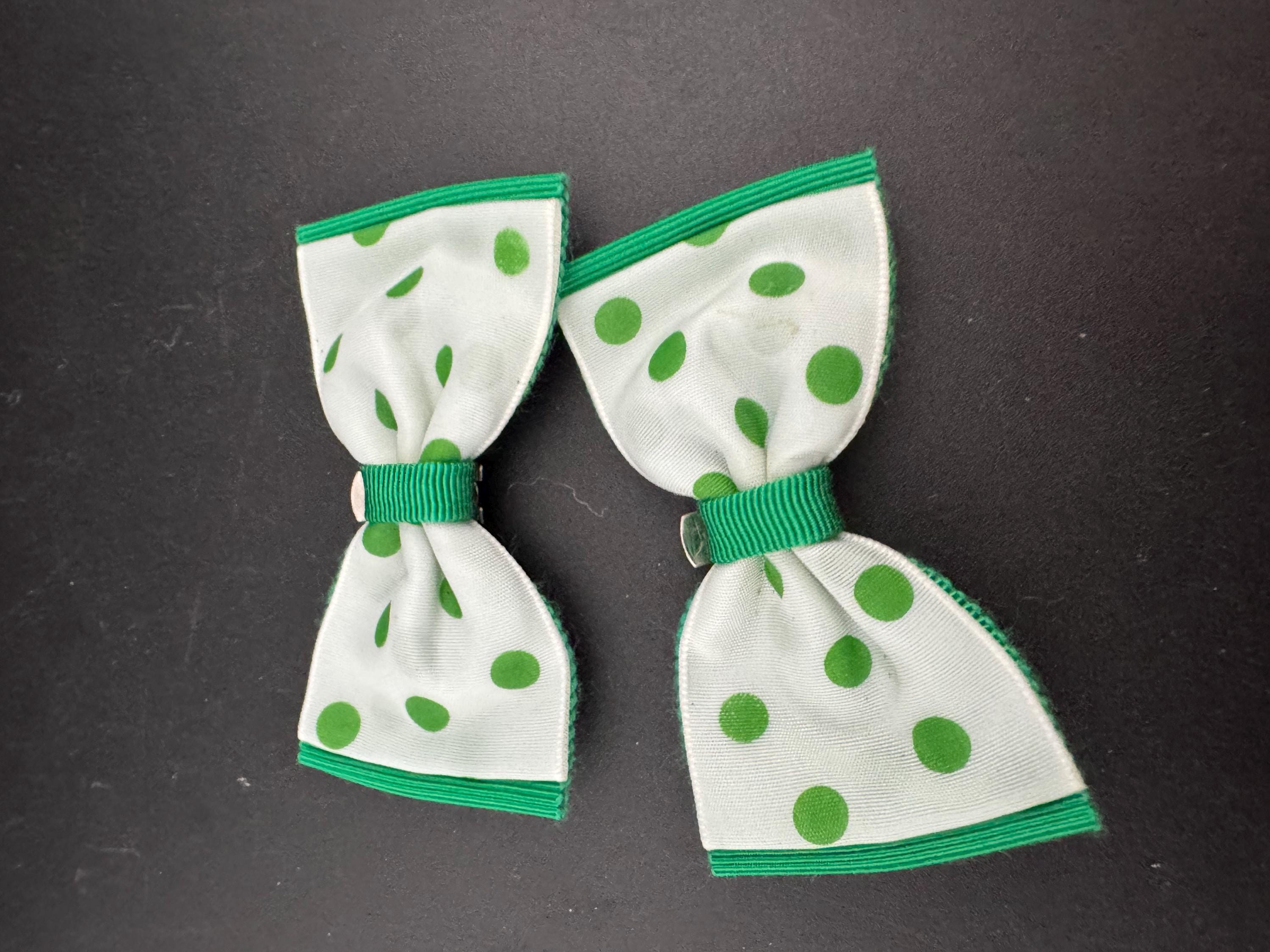 Vintage pair of bright green and white polka dot GROSGRAIN BOW shoe clips ideal pimp up your pumps flats 1980s 1990s