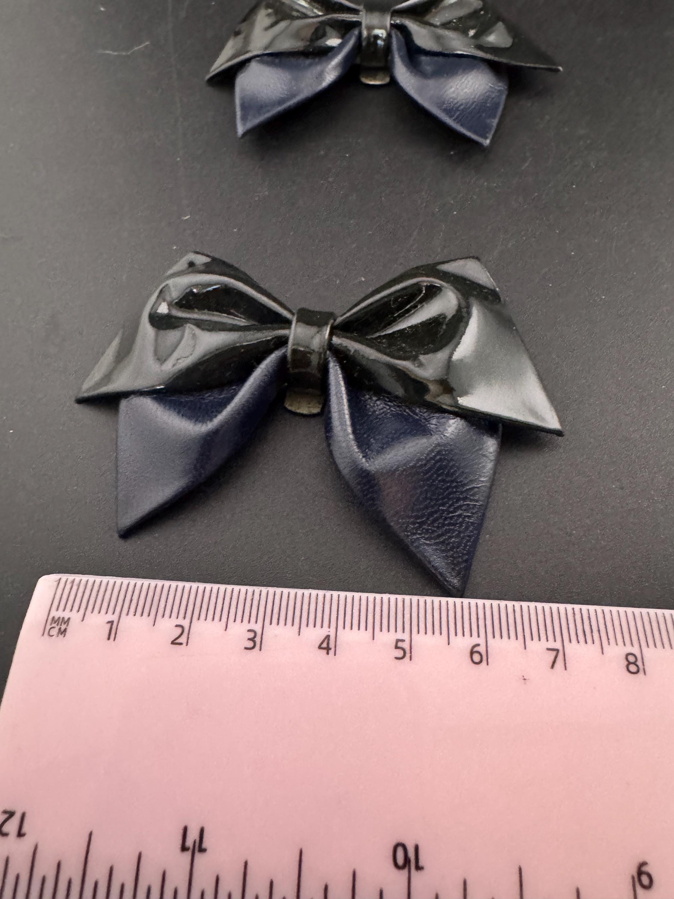 pair of Black and navy blue two tone patent ribbon BOW shoe clips