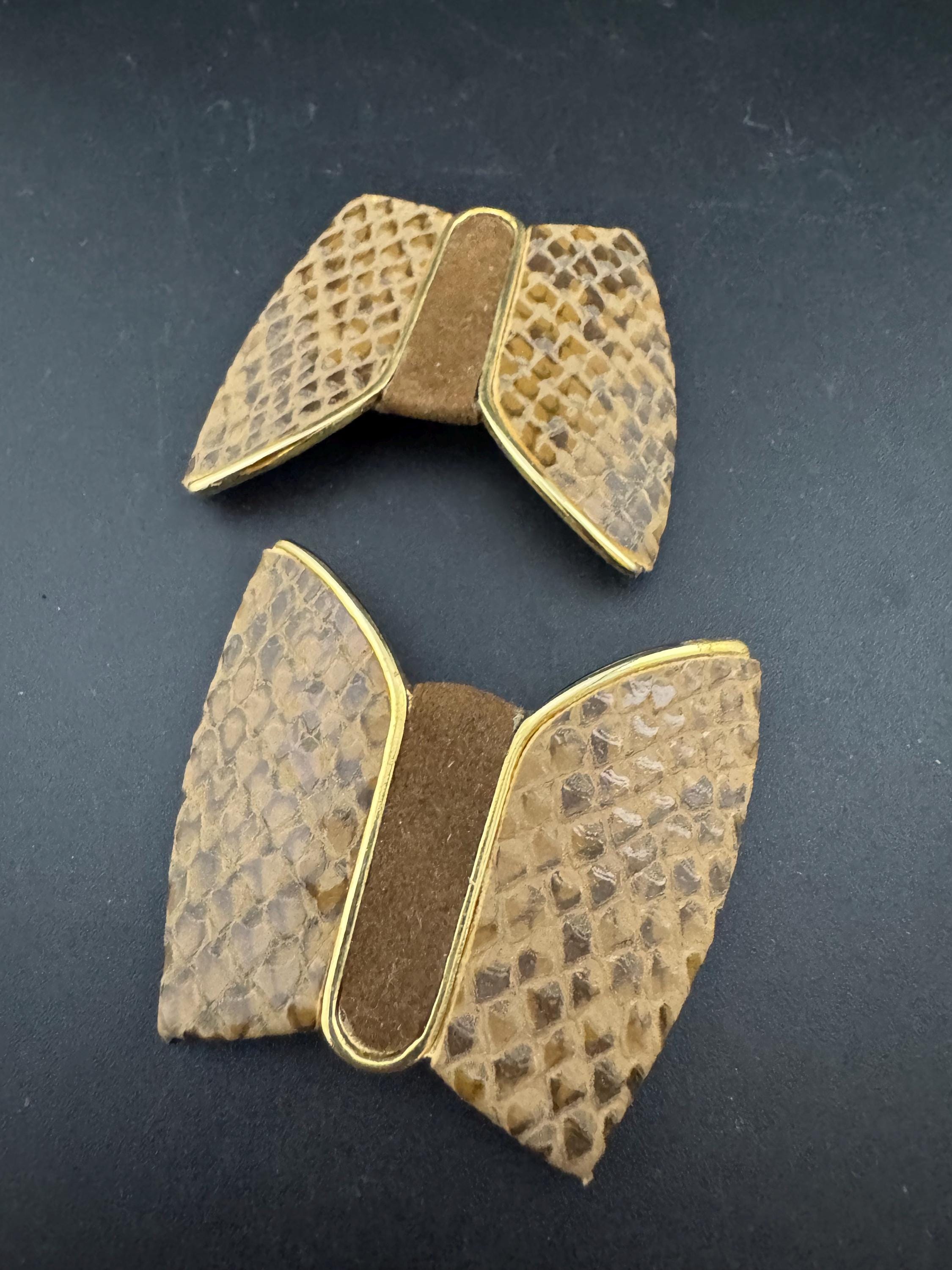 Vintage Pair of brown tan suede leather and gold tone metal shoe clips