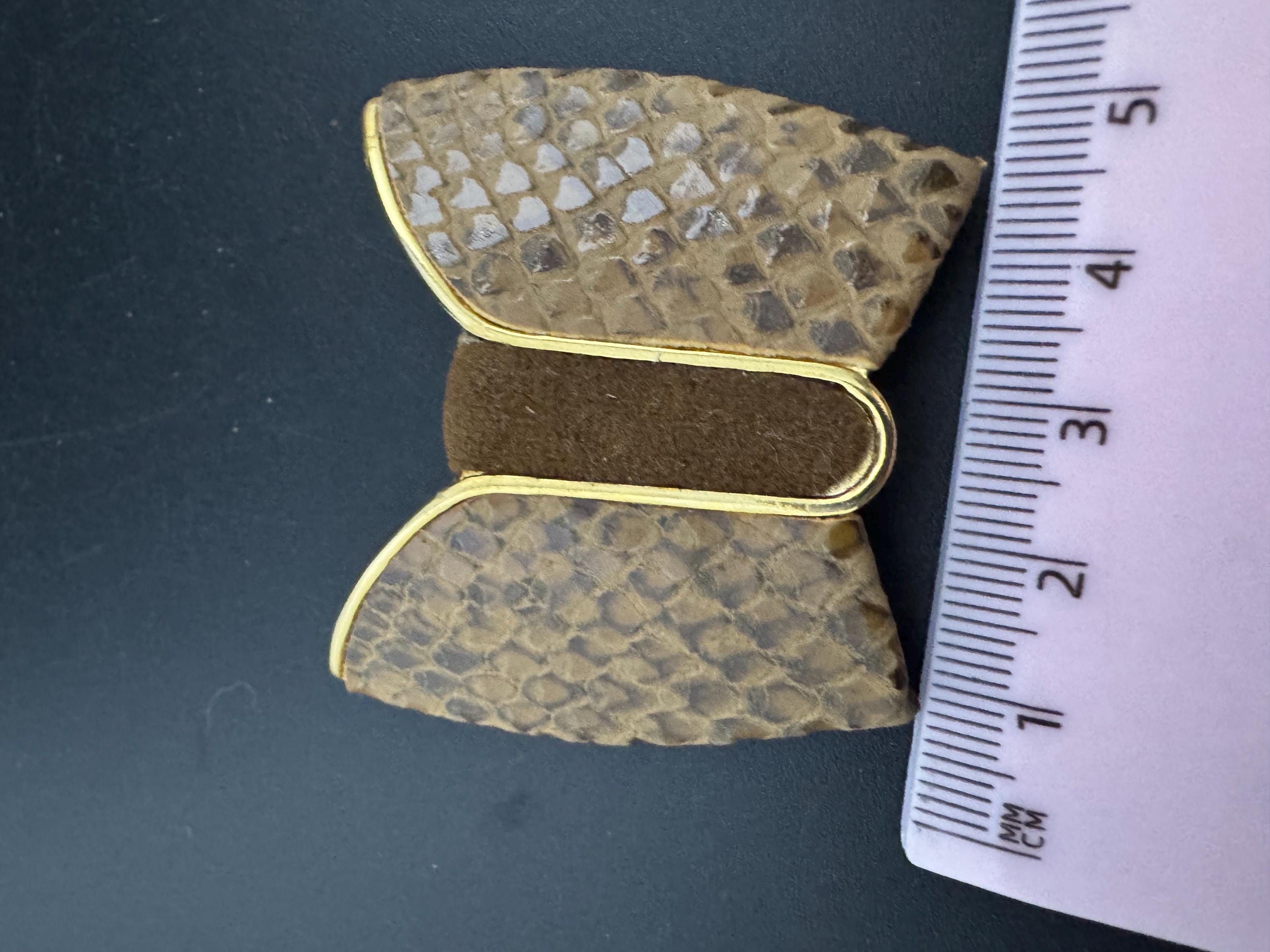 Vintage Pair of brown tan suede leather and gold tone metal shoe clips