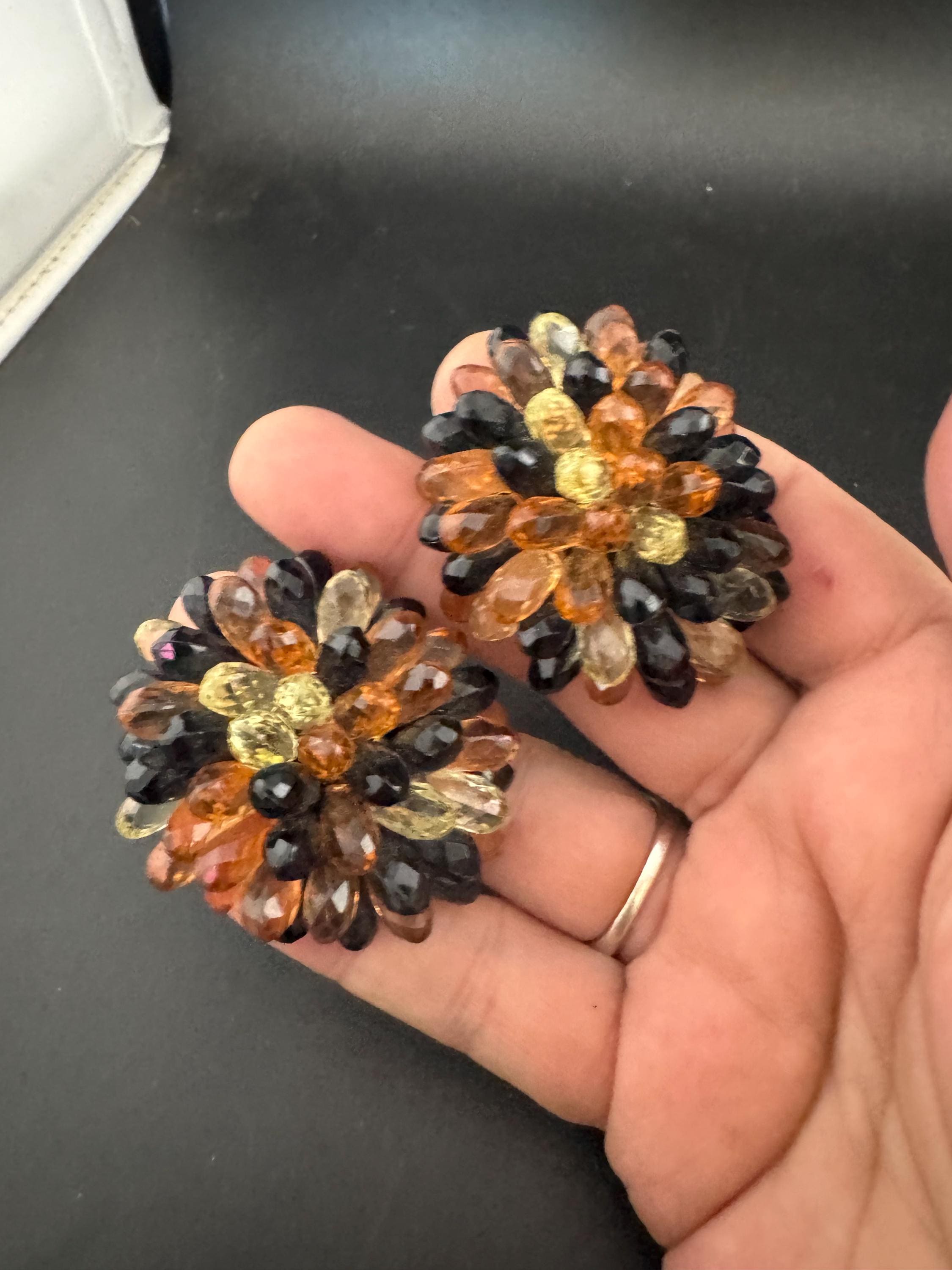 vintage Amber Orange brown acrylic faceted Crystal beaded pair of Pom Pom shoe clips trims