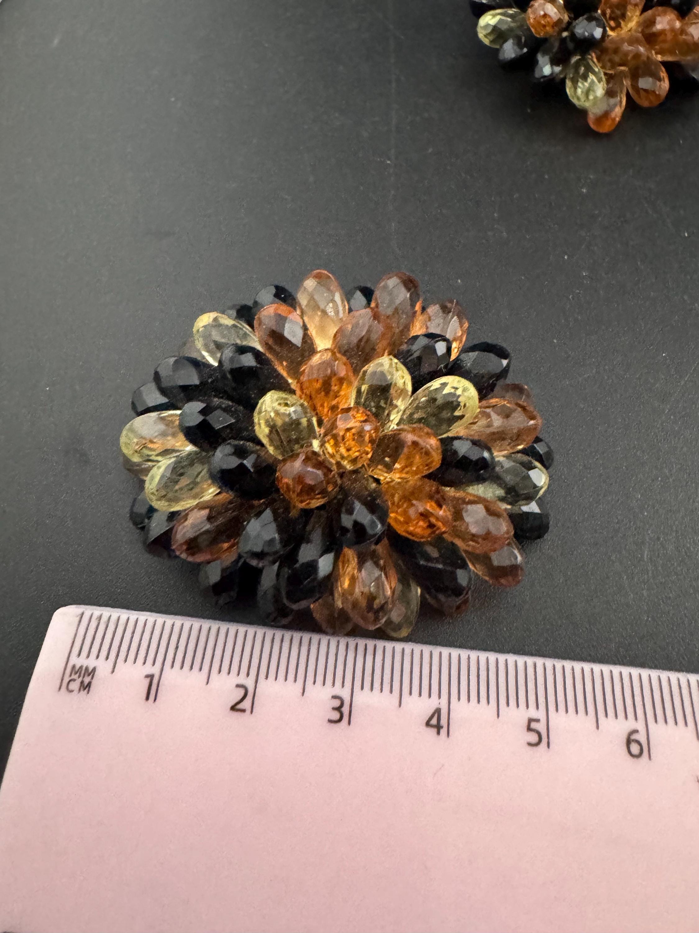 vintage Amber Orange brown acrylic faceted Crystal beaded pair of Pom Pom shoe clips trims