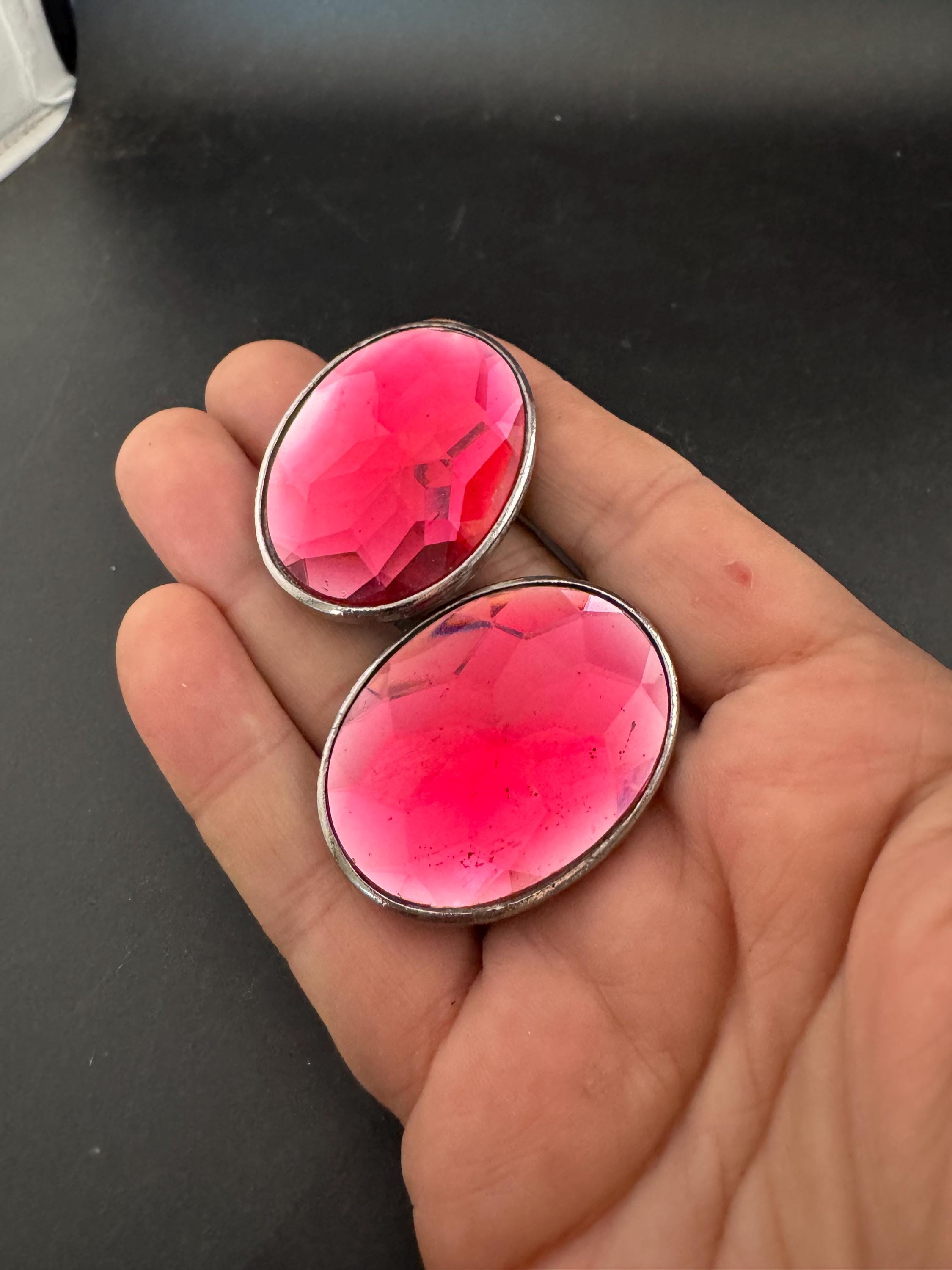 Vintage pair of silver tone hot bright pink gemset oval shoe clips , Glass diamante rhinestone paste shoe trims with stones