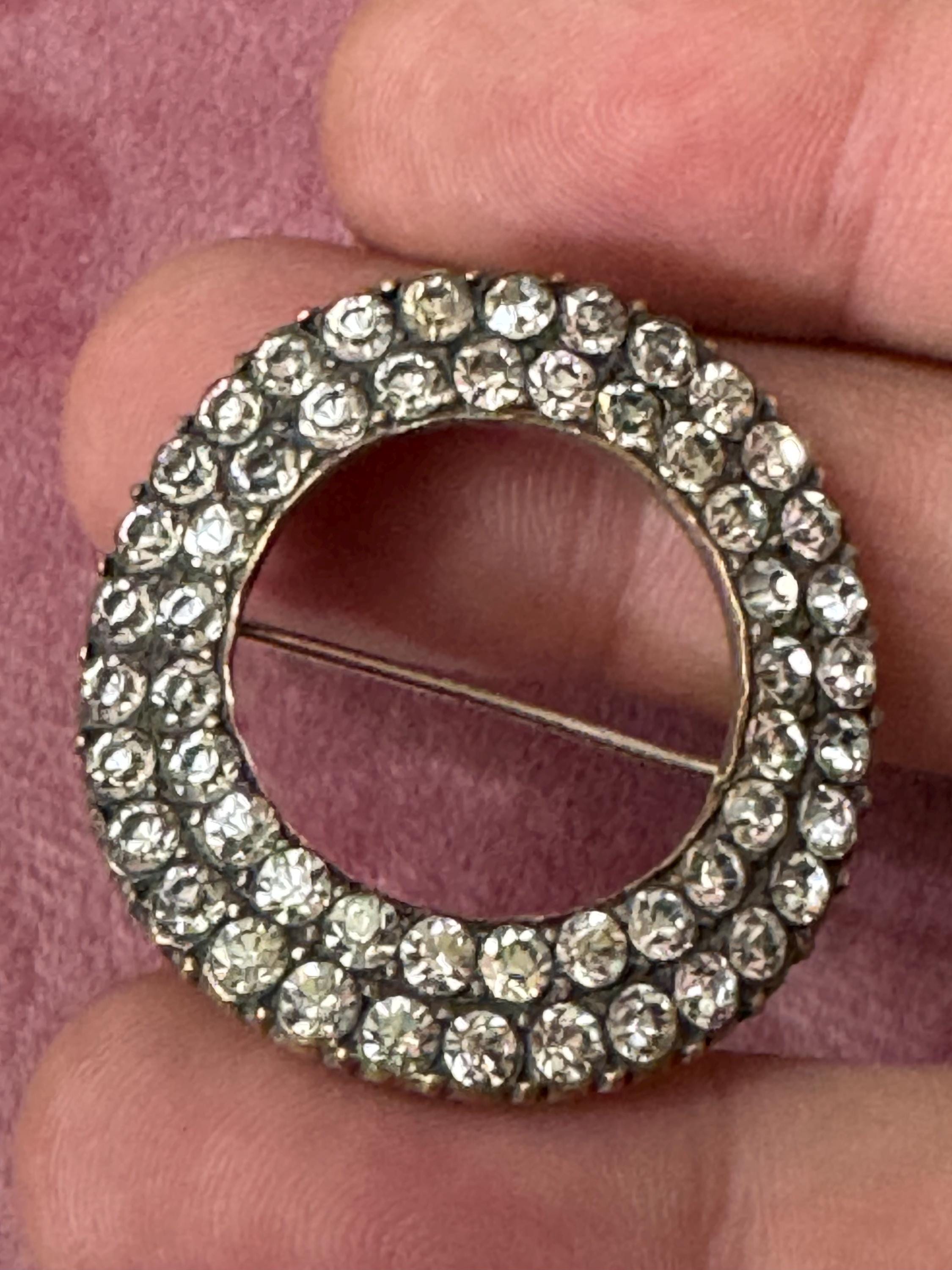 Antique rolled gold Pinchbeck circular domed ring rhinestone brooch edwardian Victorian 1900s 1920s