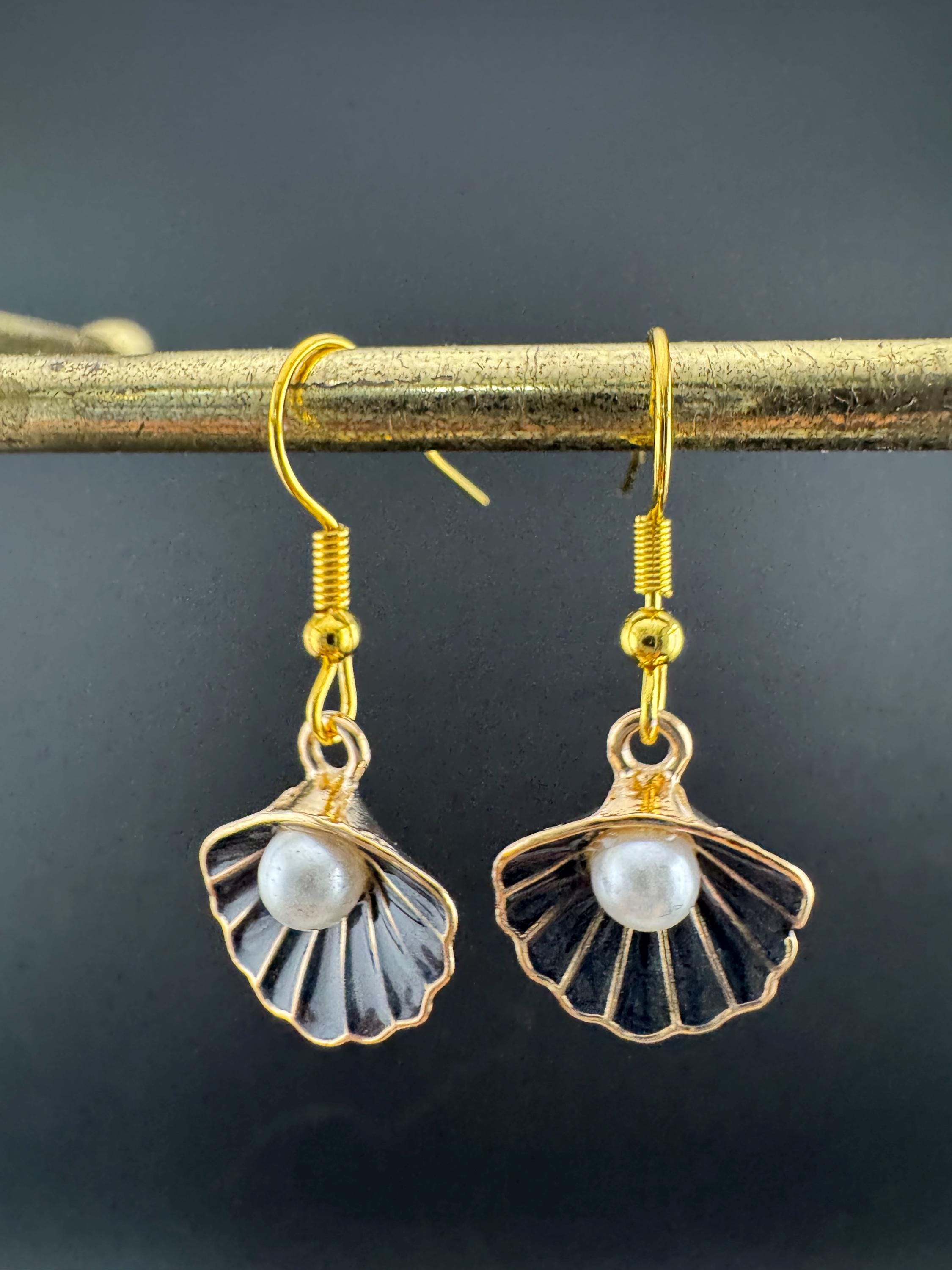Black enamel oyster shell pearl gold tone small drop earrings