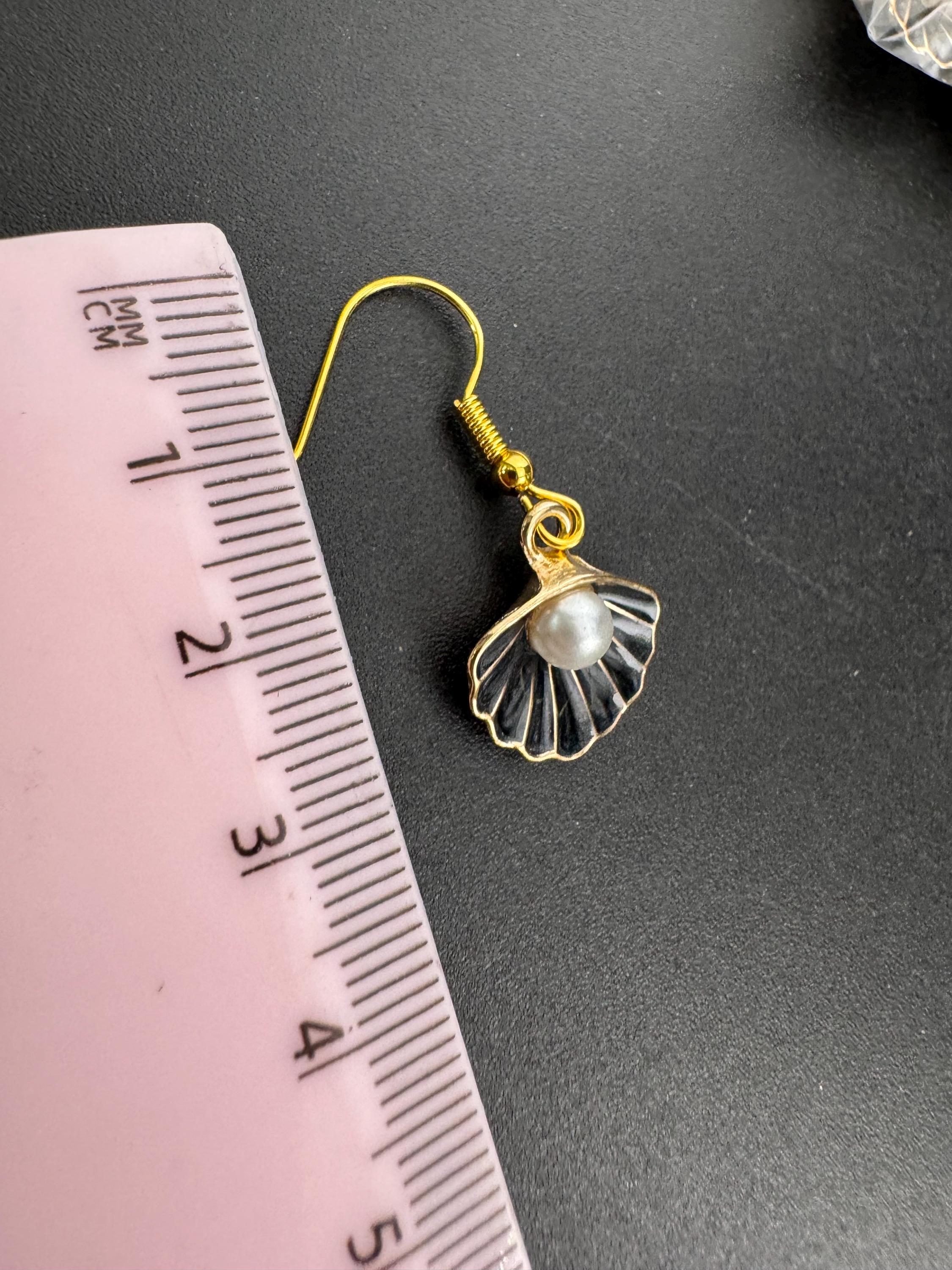 Black enamel oyster shell pearl gold tone small drop earrings