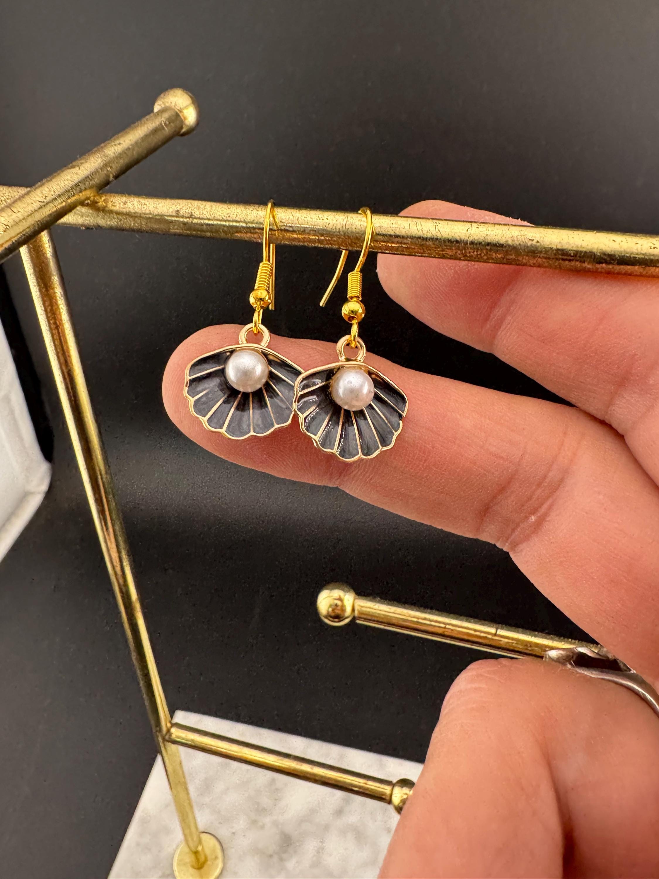 Black enamel oyster shell pearl gold tone small drop earrings