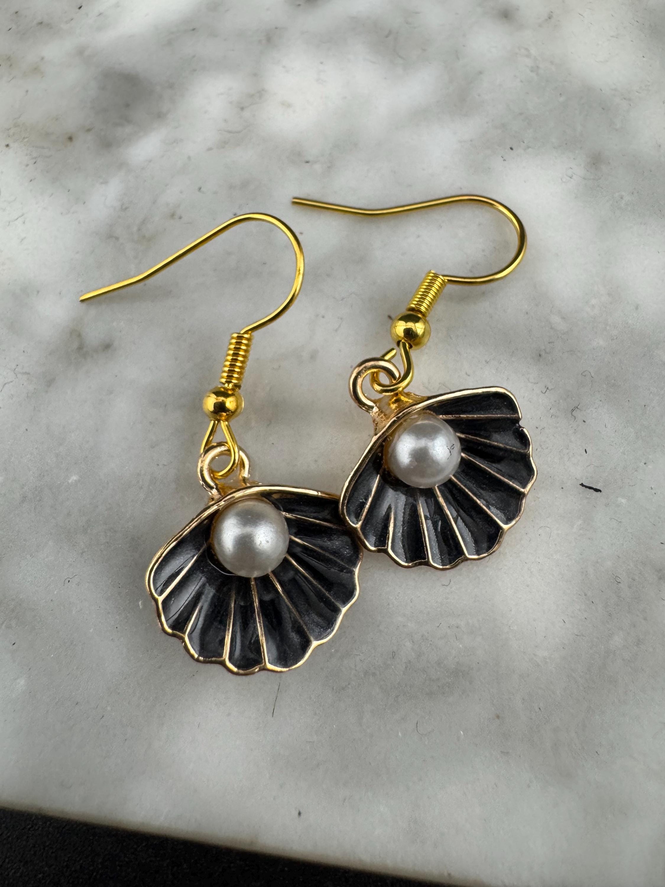 Black enamel oyster shell pearl gold tone small drop earrings