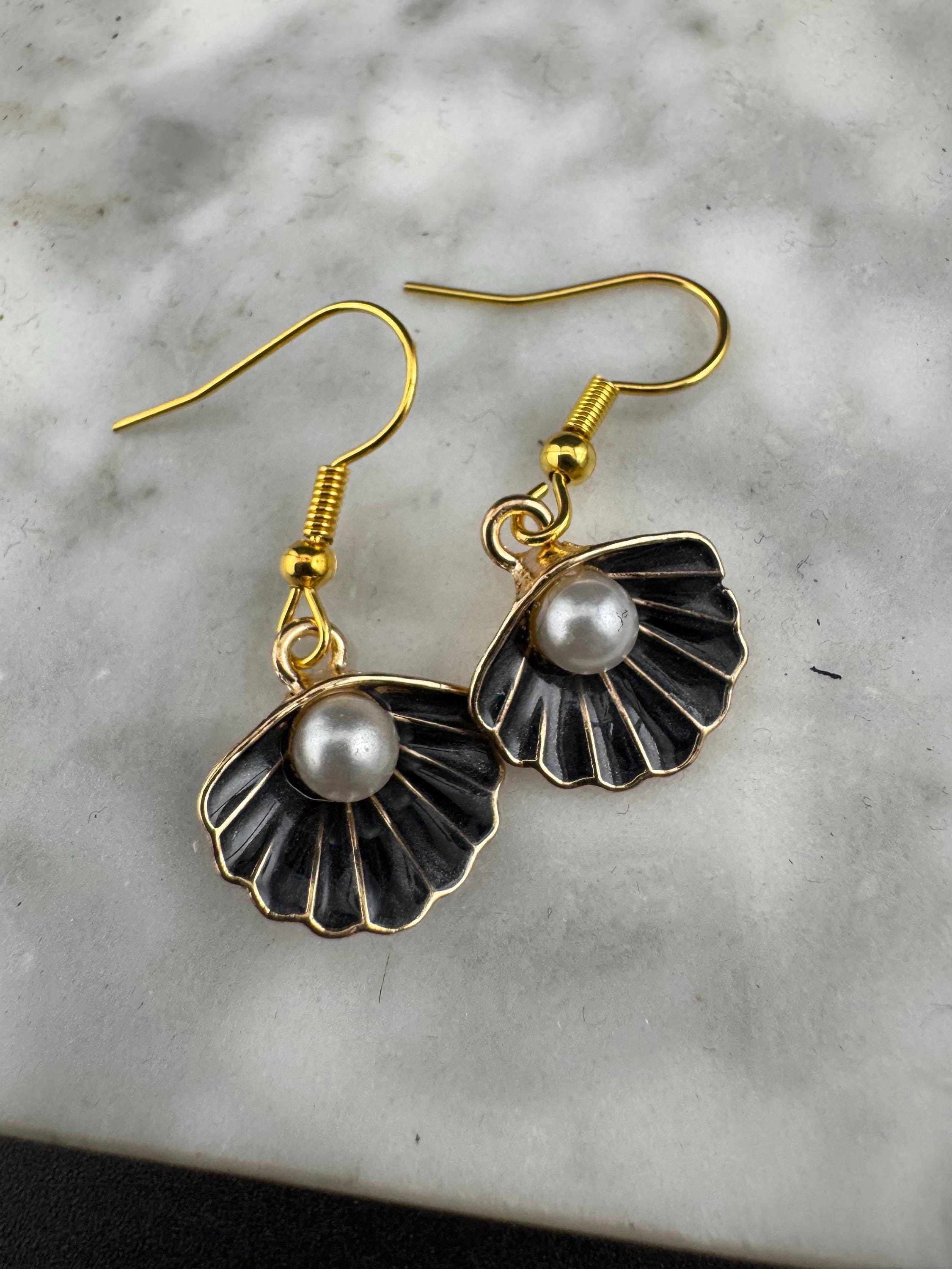 Black enamel oyster shell pearl gold tone small drop earrings