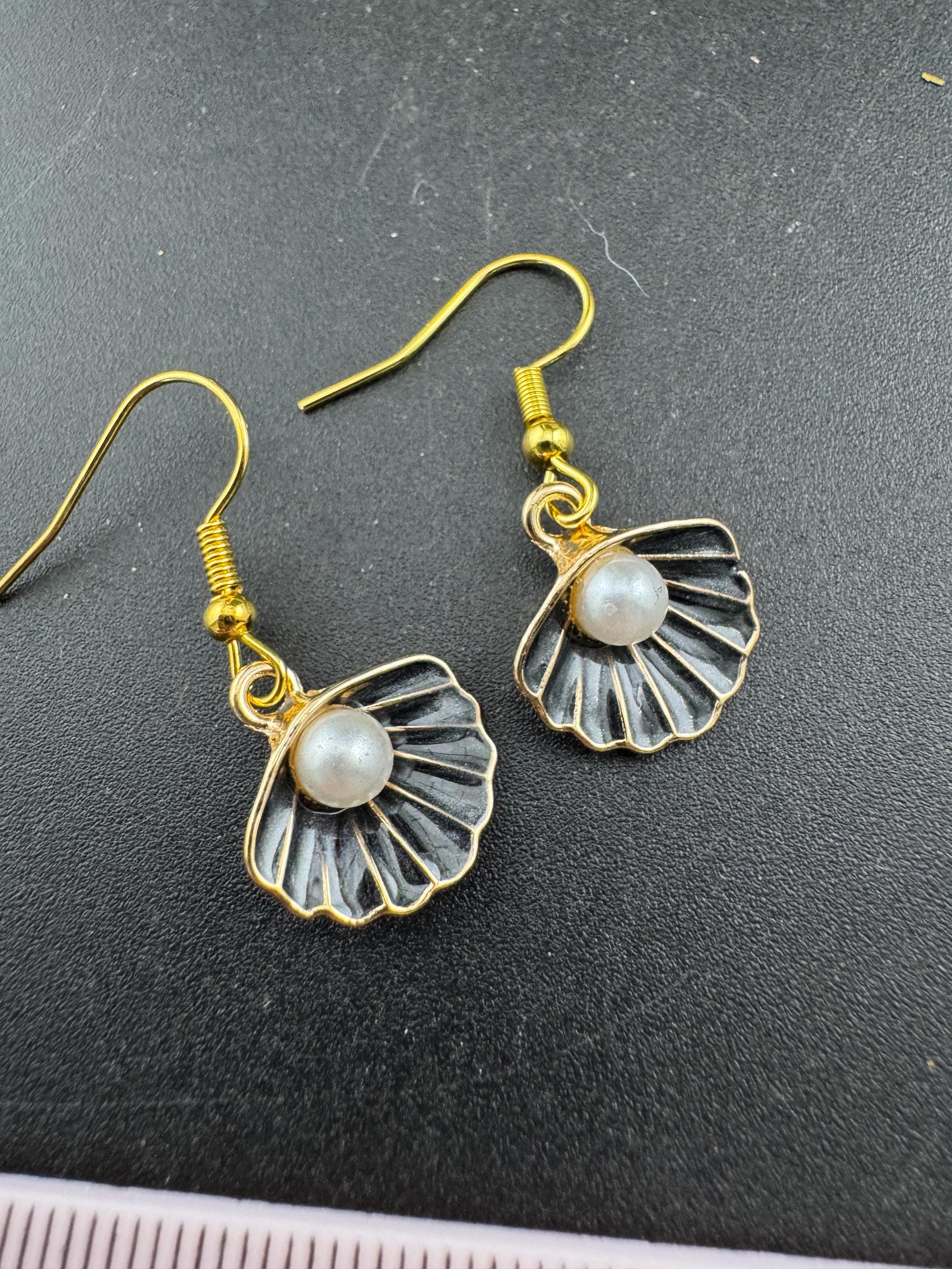 Black enamel oyster shell pearl gold tone small drop earrings