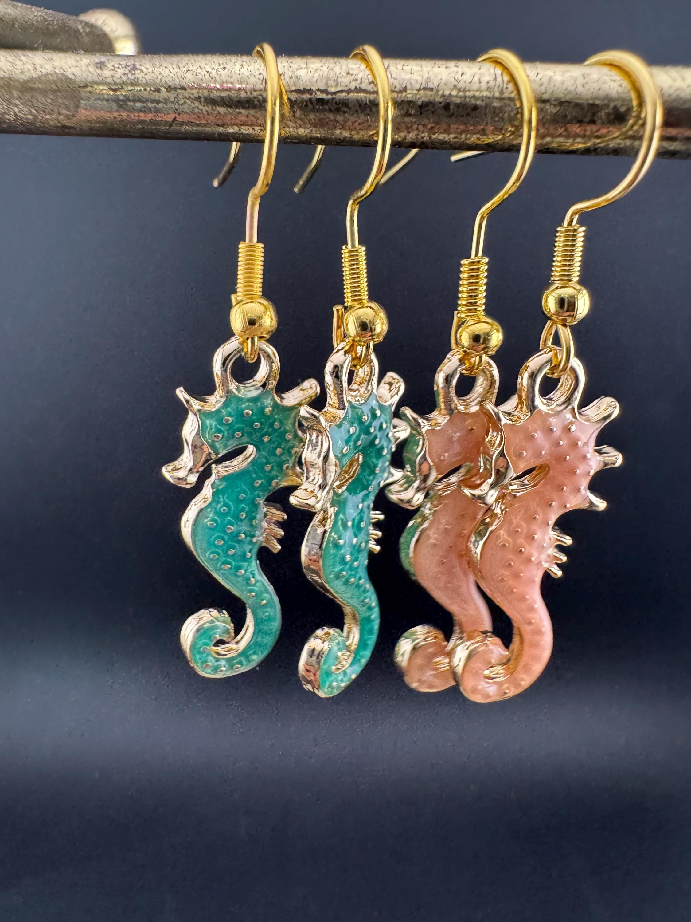 Turquoise Blue enamel nautical seahorse earrings for pierced ears, Gold tone marine life