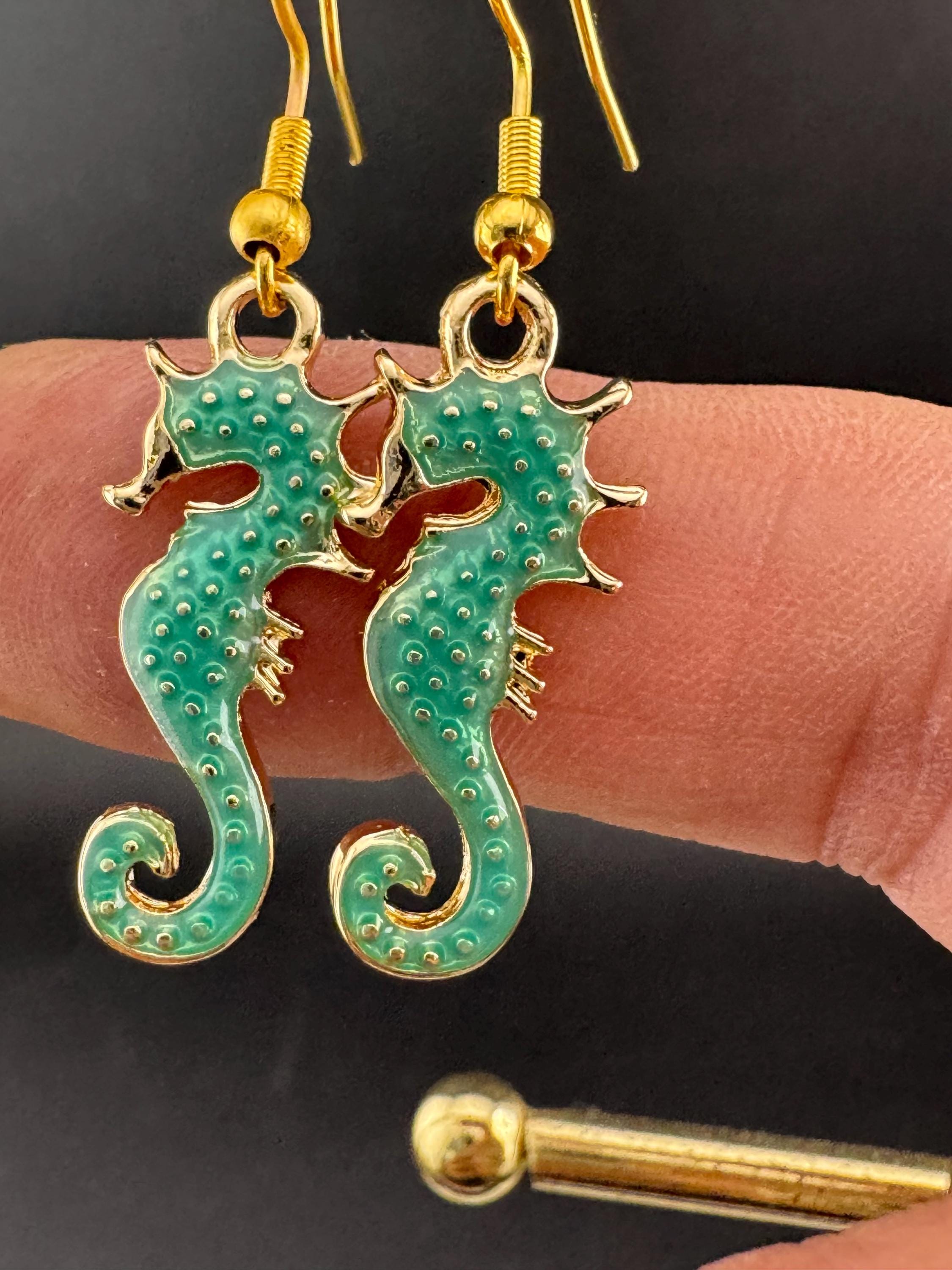 Turquoise Blue enamel nautical seahorse earrings for pierced ears, Gold tone marine life