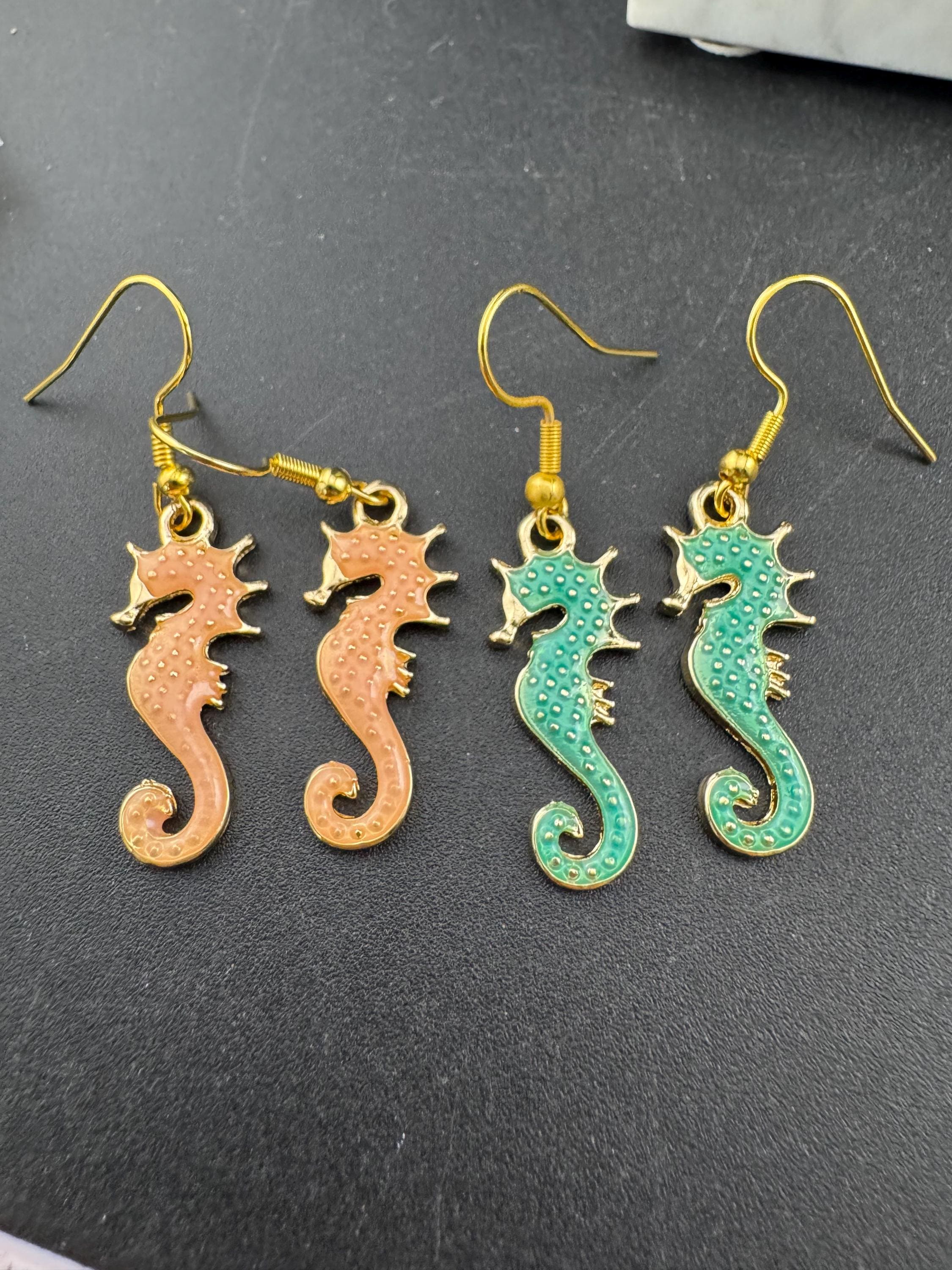 Turquoise Blue enamel nautical seahorse earrings for pierced ears, Gold tone marine life