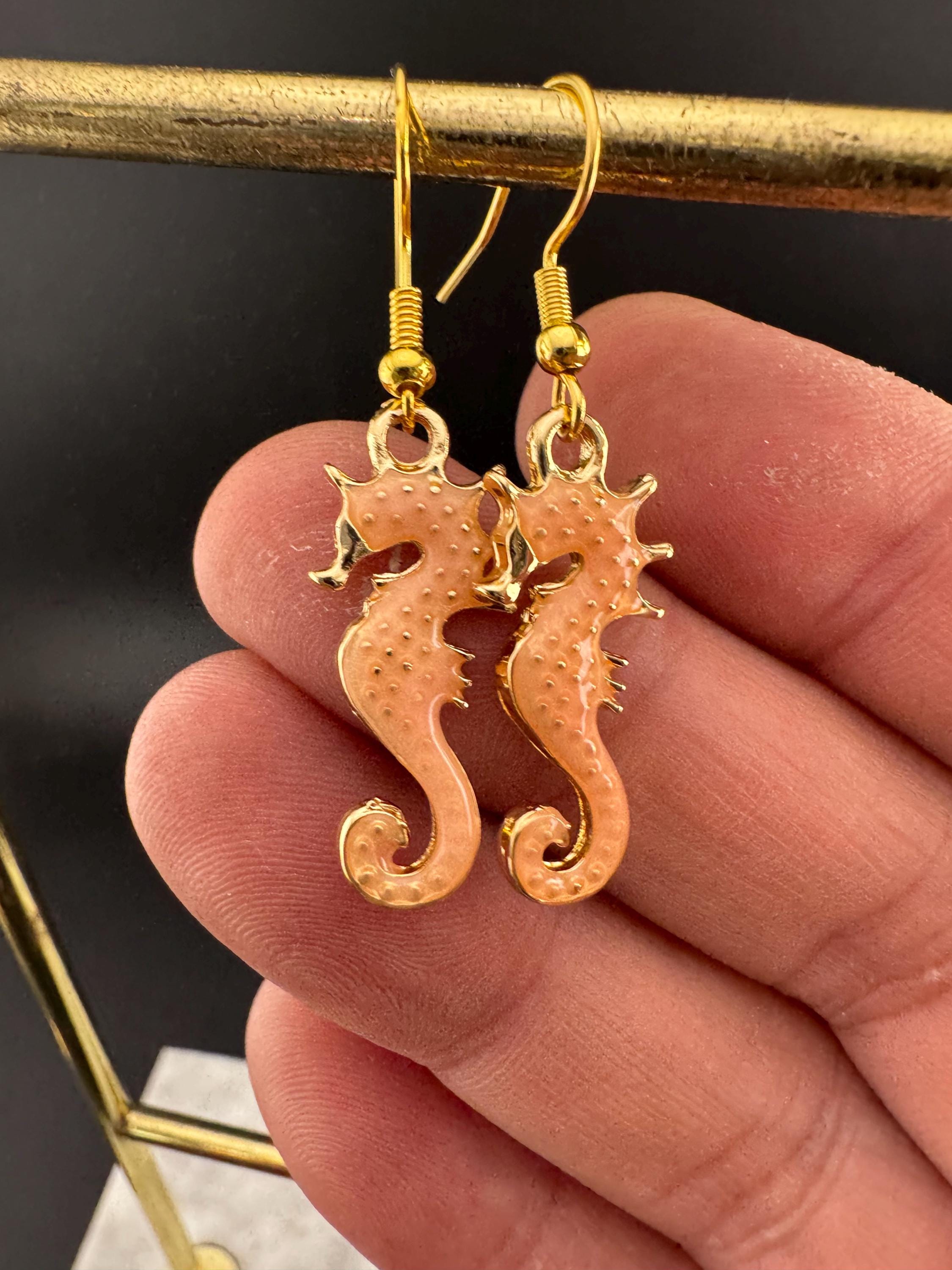 Soft pink enamel nautical seahorse earrings for pierced ears, Gold tone marine life