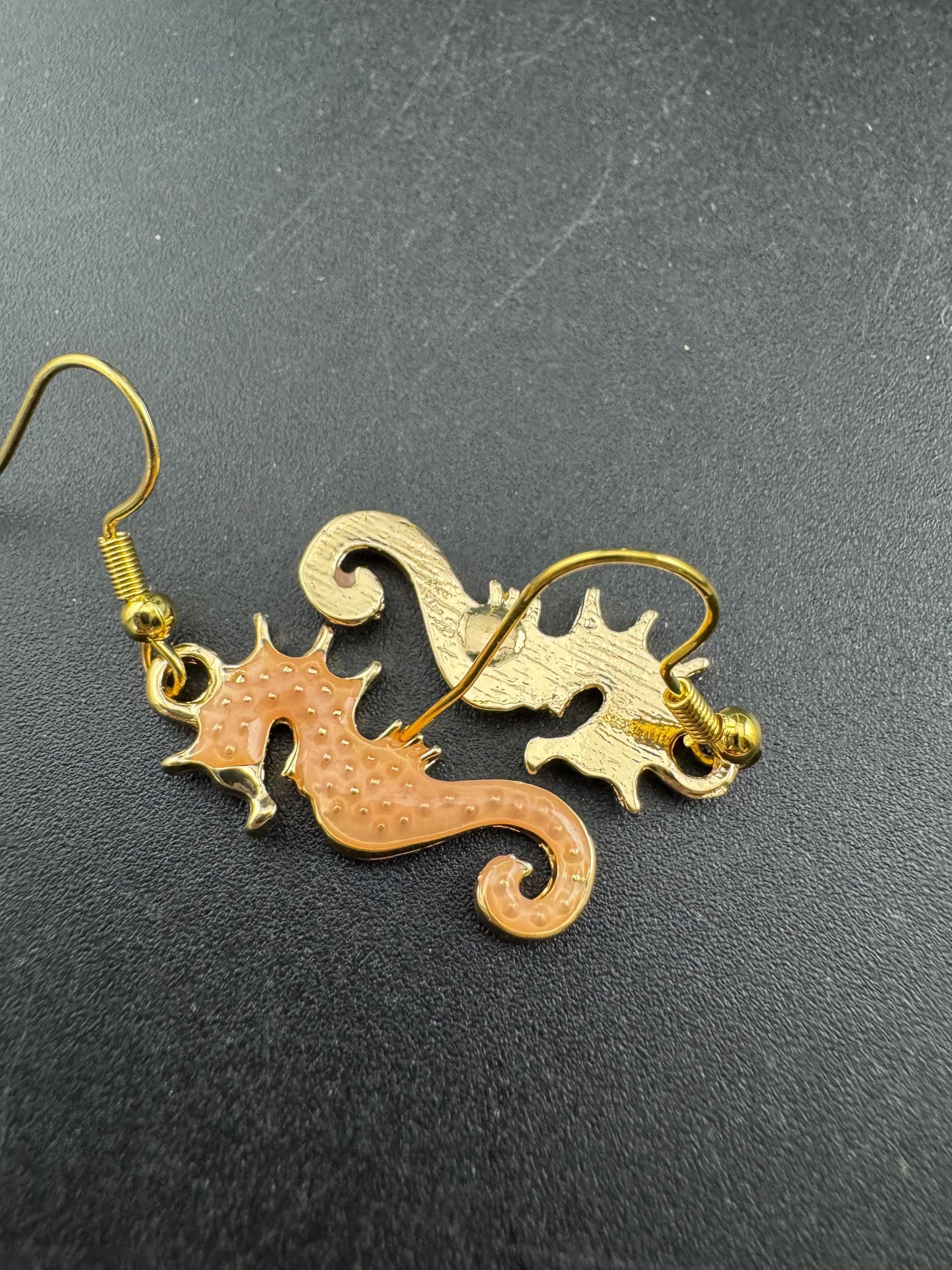 Soft pink enamel nautical seahorse earrings for pierced ears, Gold tone marine life
