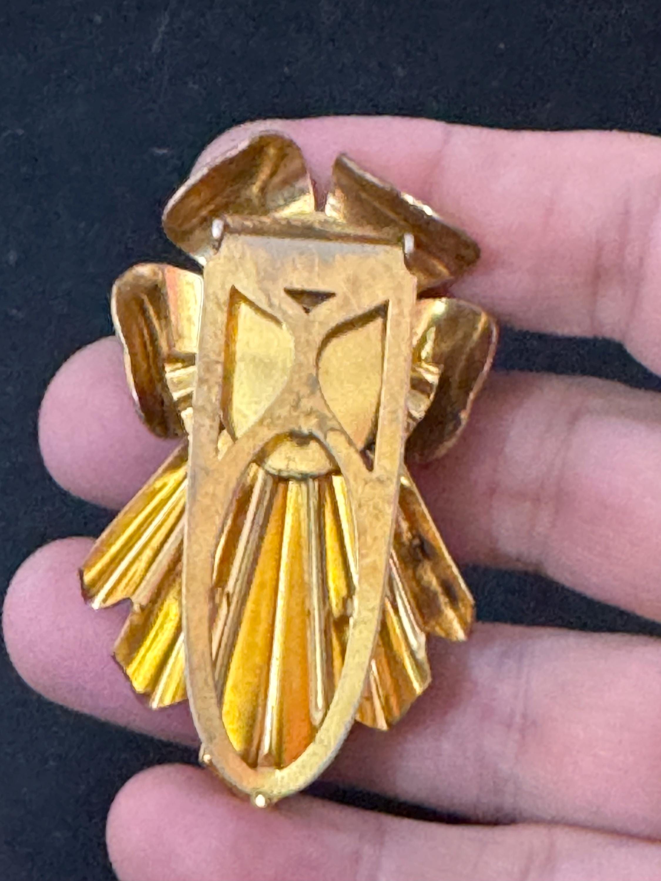 Antique large Art Deco brass fur Pin Clip Early 1930s 1940s with 3 cabochons