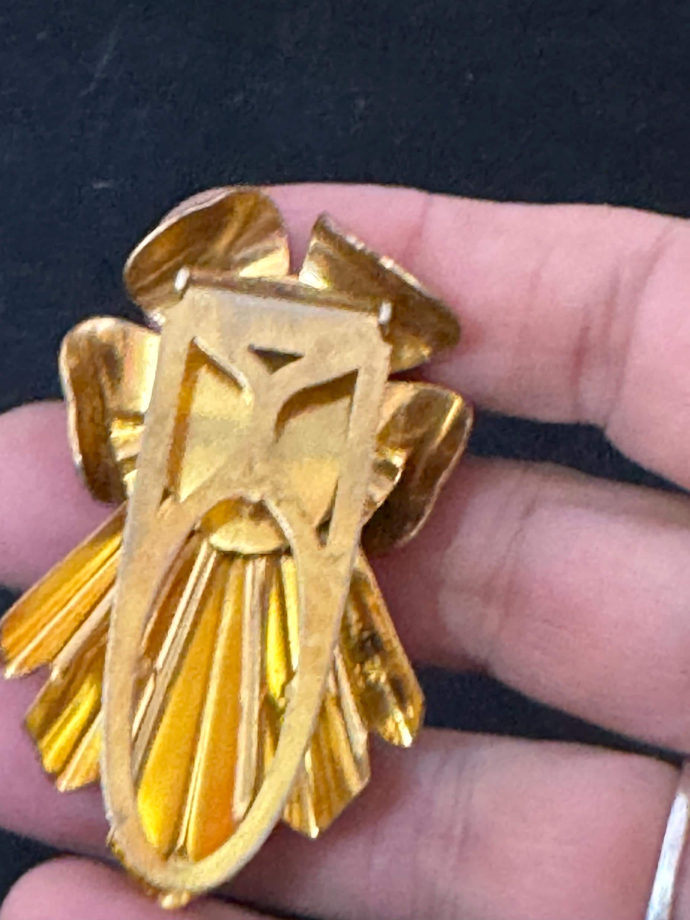 Antique large Art Deco brass fur Pin Clip Early 1930s 1940s with 3 cabochons