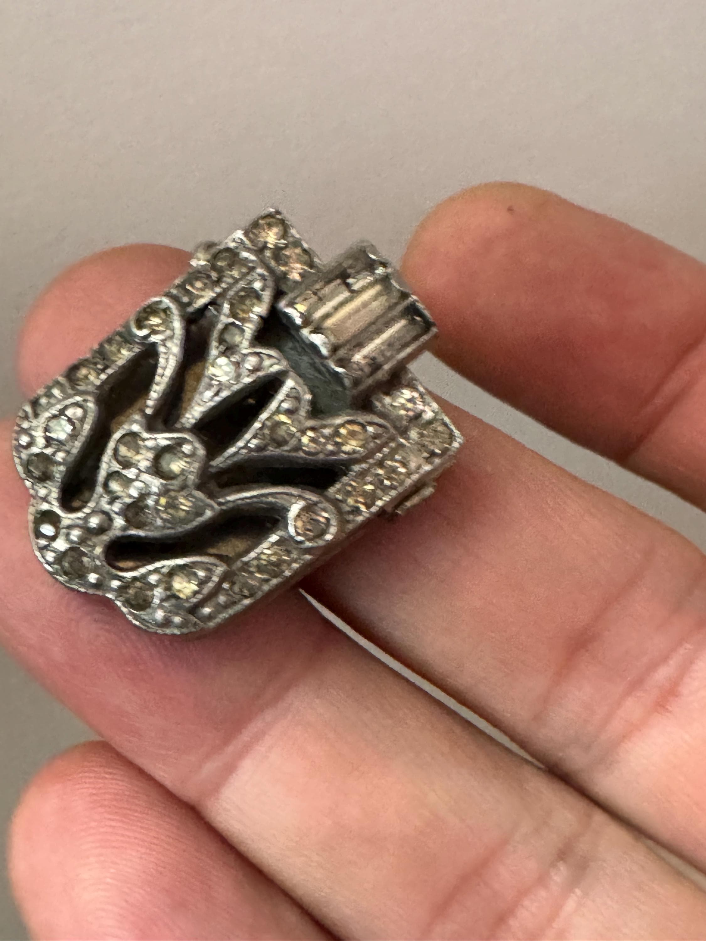 Art Deco Rhinestone Dress Clip: Antique Paste Glass, Chrome, Silver Tone