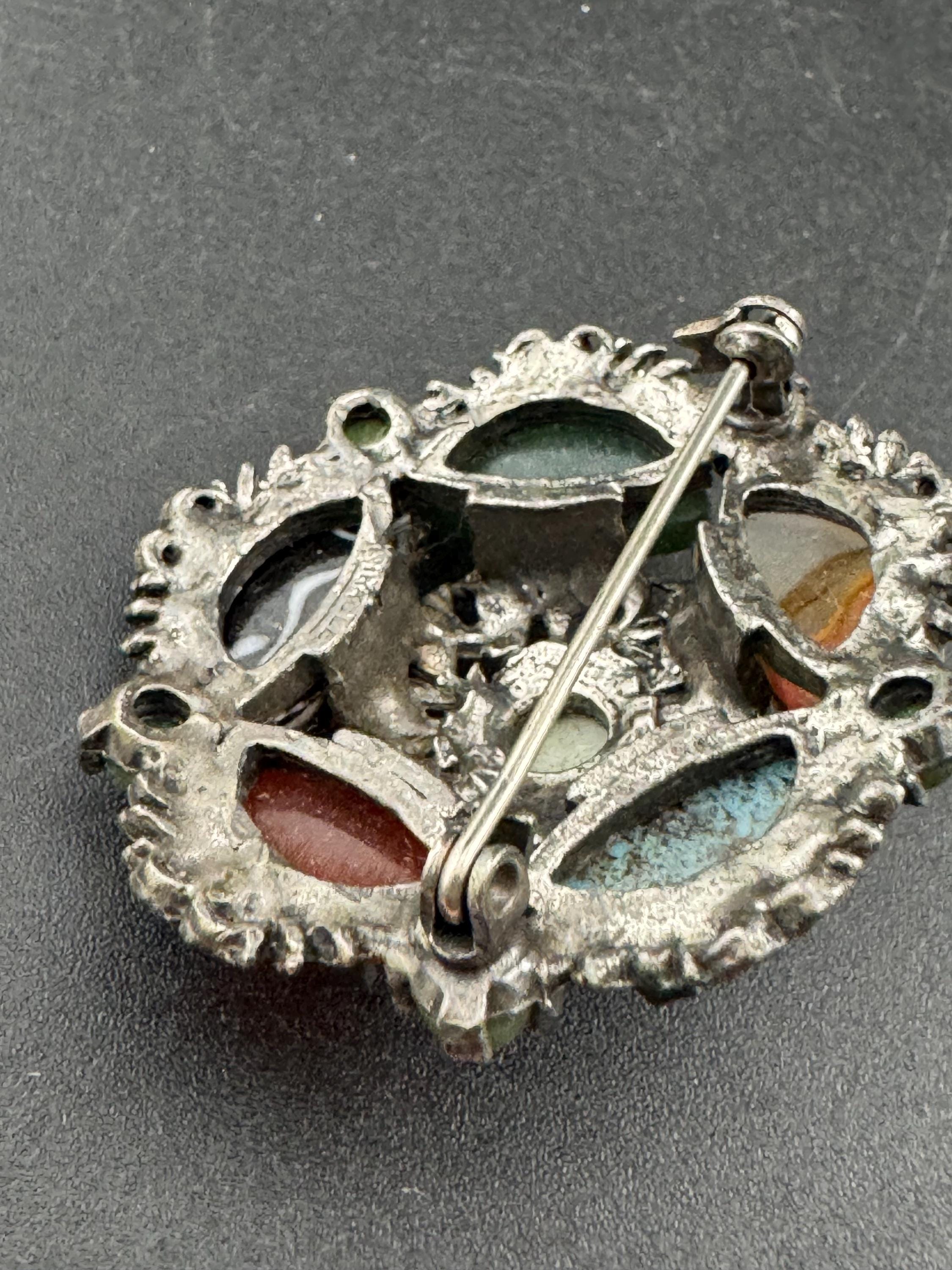 Scottish agates pebble glass brooch, Vintage silver tone