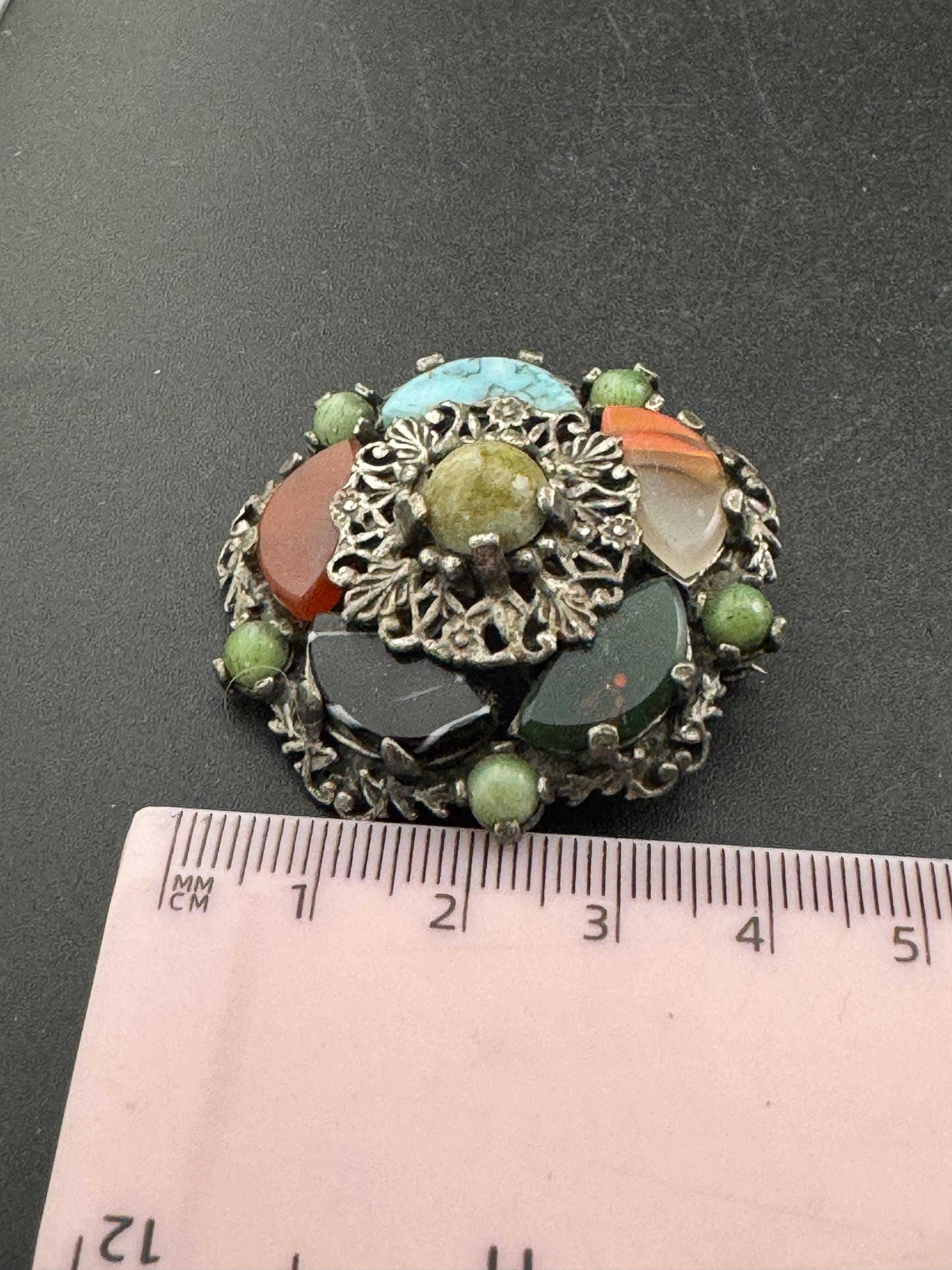 Scottish agates pebble glass brooch, Vintage silver tone