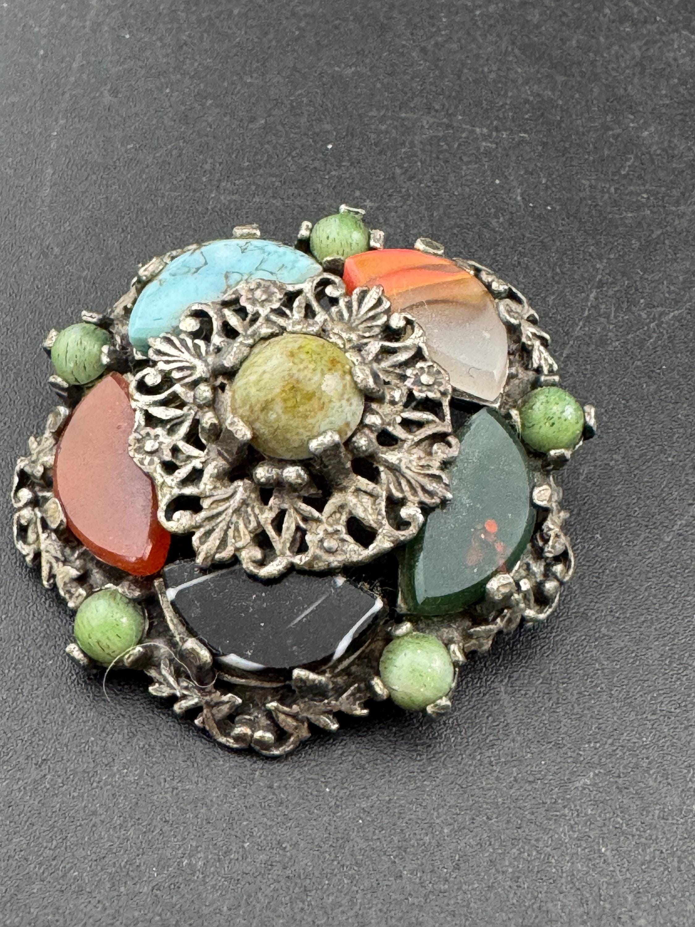 Scottish agates pebble glass brooch, Vintage silver tone