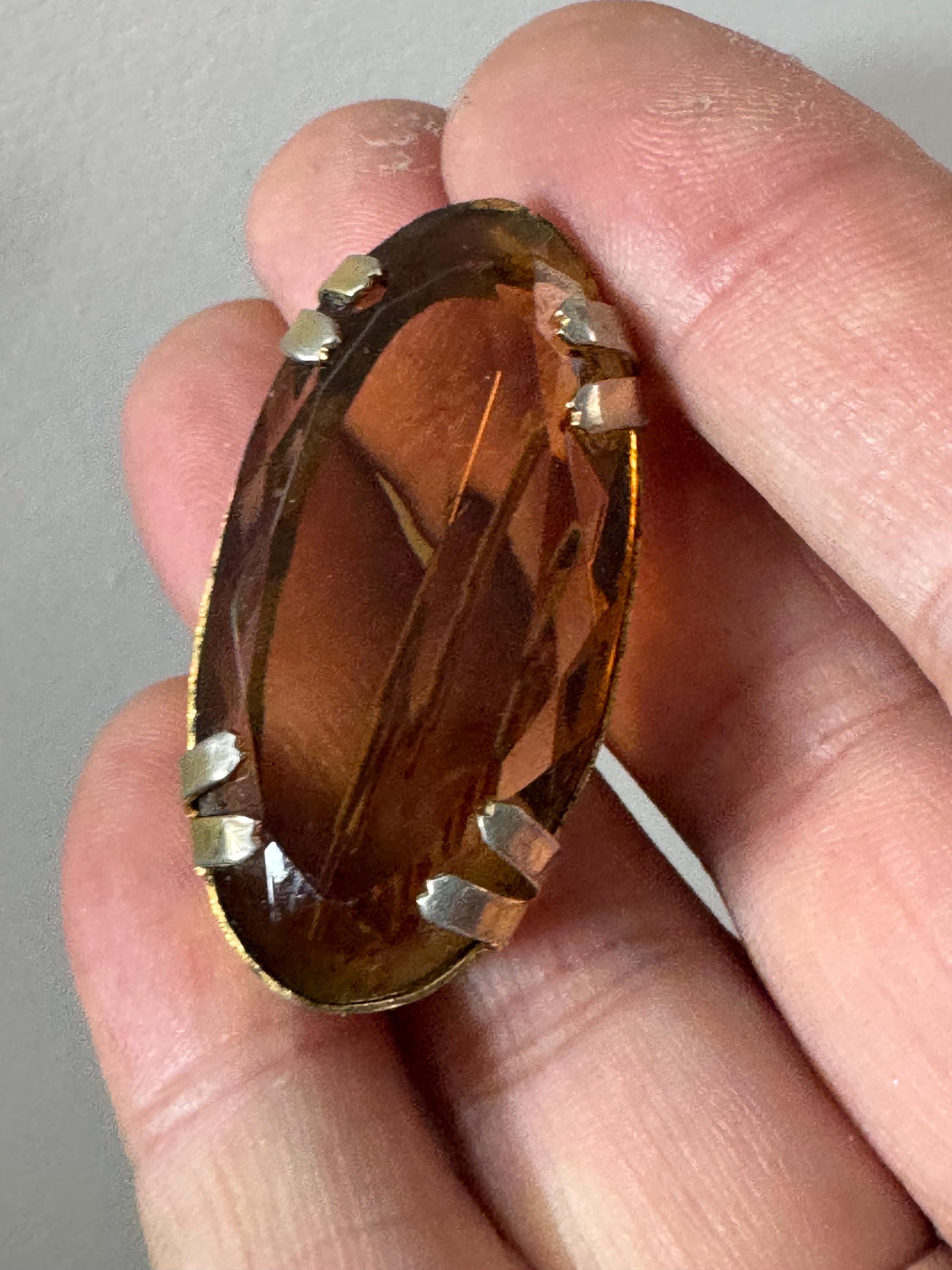 oval cognac glass brooch, large brown cabochon vintage 4cm
