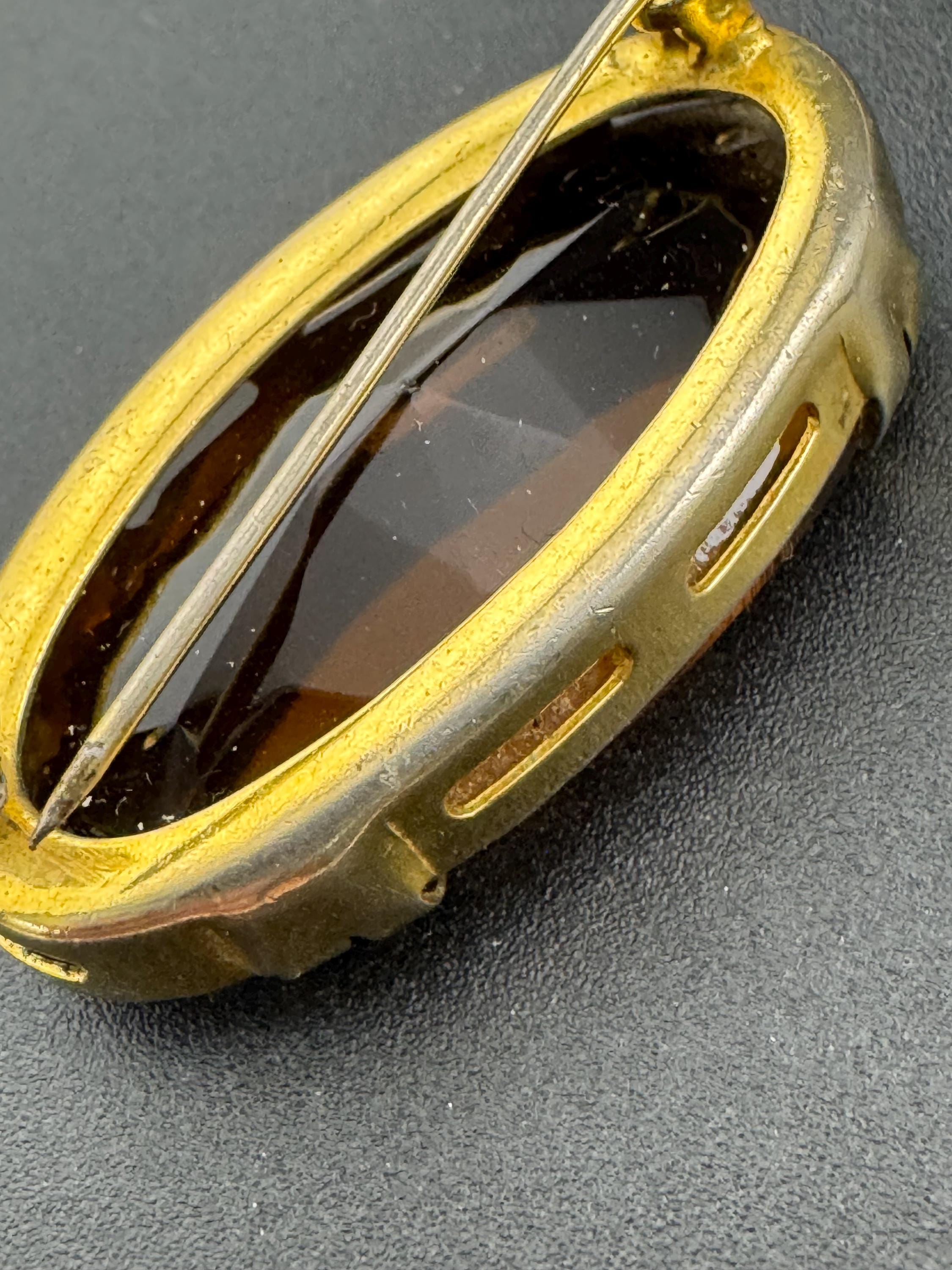 oval cognac glass brooch, large brown cabochon vintage 4cm