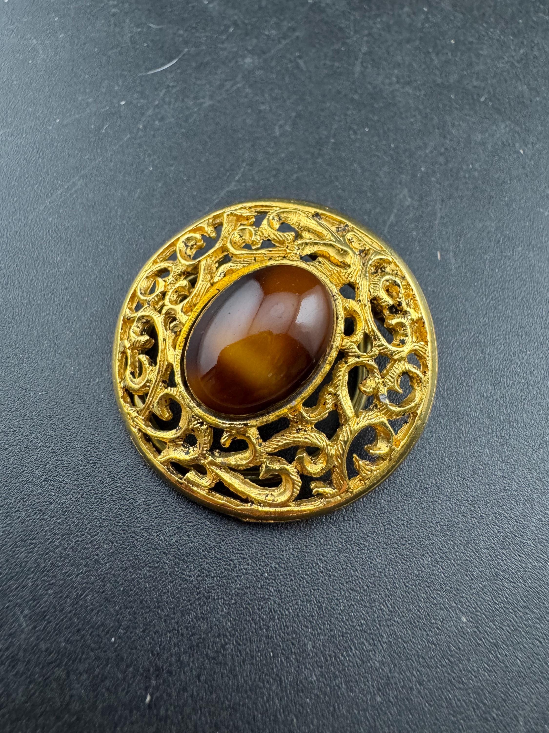 Vintage brown Scarf Ring, faux agate brown cabochon