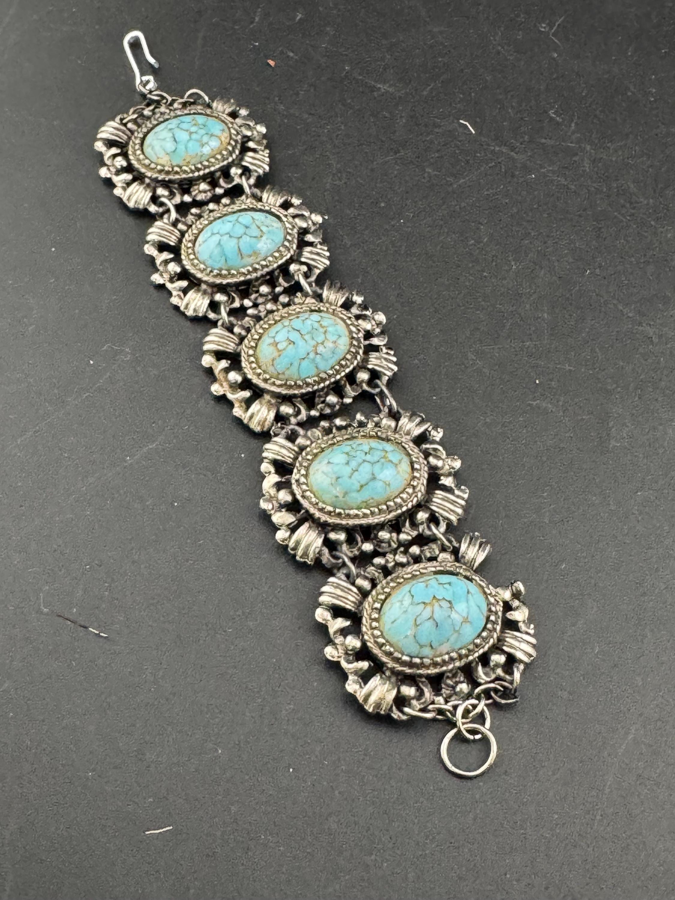 Vintage Faux Turquoise Agate Panel Bracelet: Silver Tone, 1960s-70s