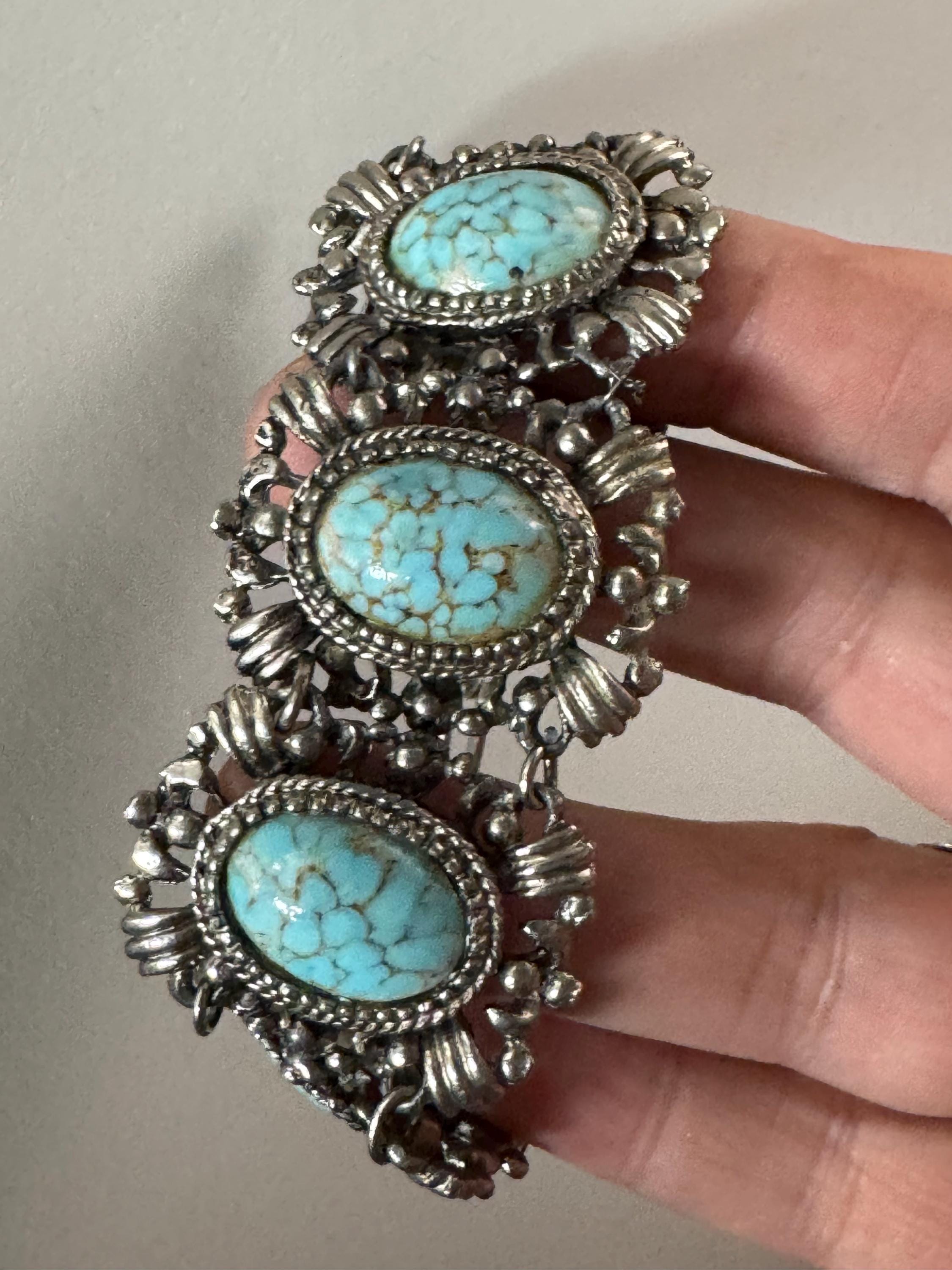 Vintage Faux Turquoise Agate Panel Bracelet: Silver Tone, 1960s-70s