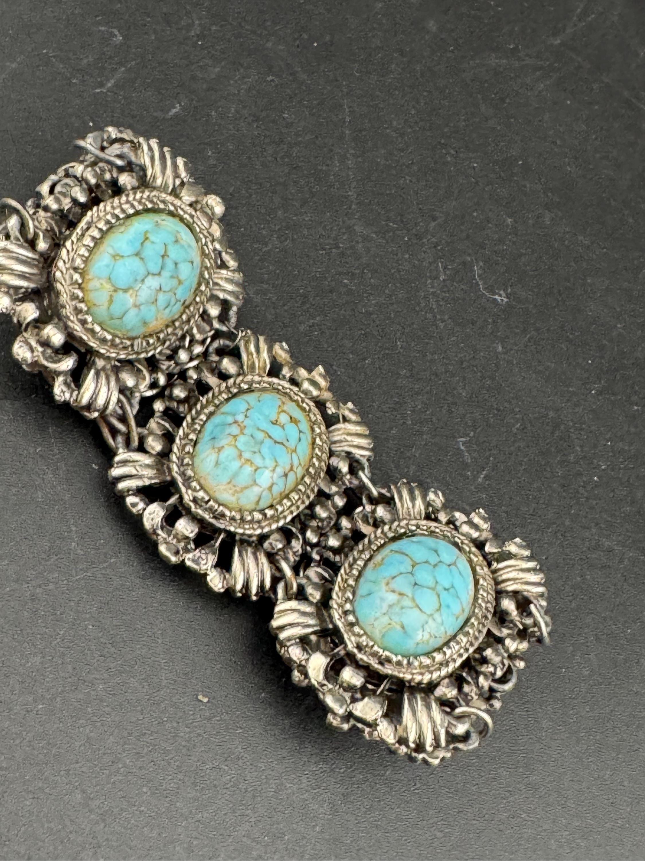 Vintage Faux Turquoise Agate Panel Bracelet: Silver Tone, 1960s-70s