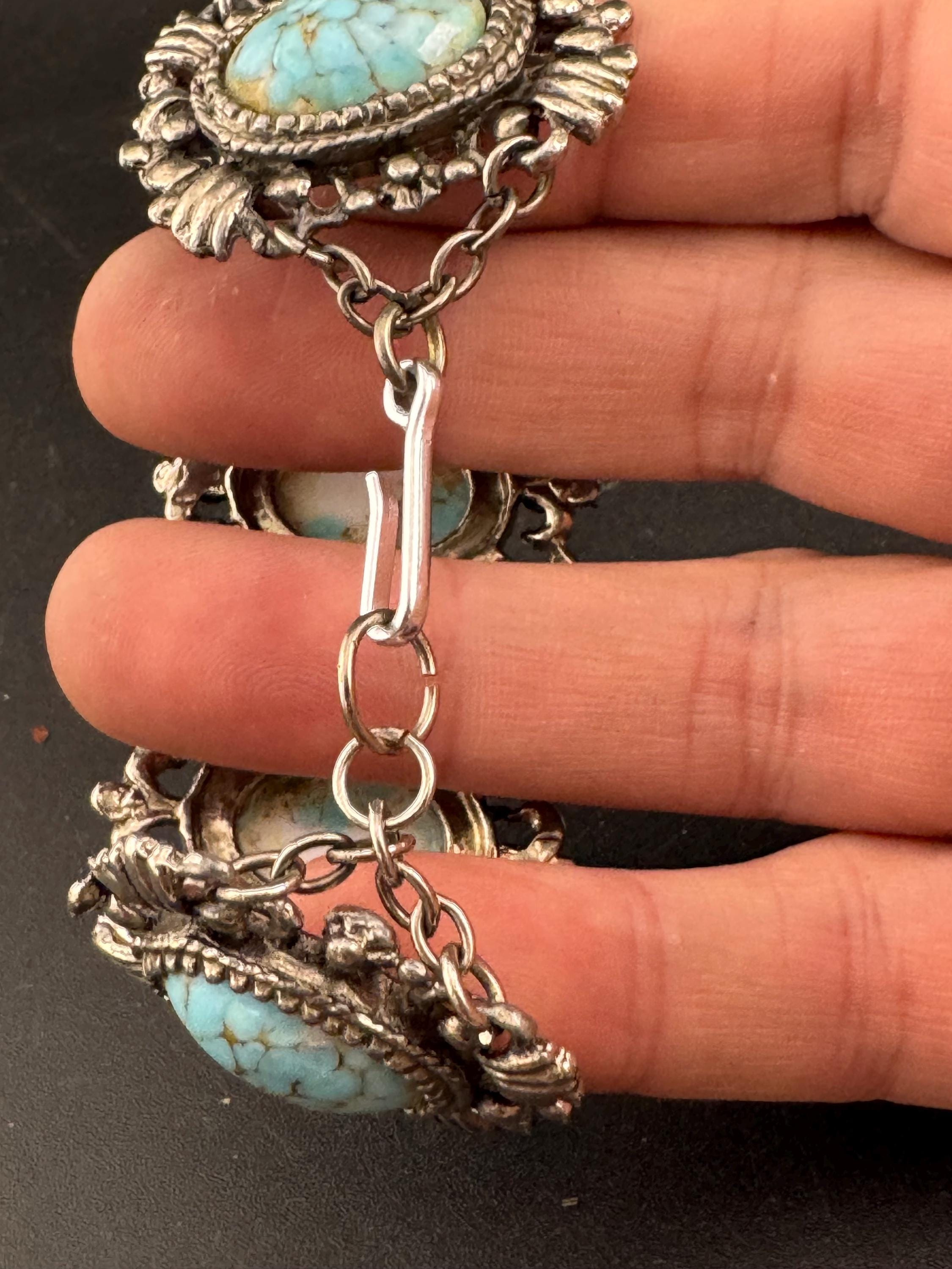 Vintage Faux Turquoise Agate Panel Bracelet: Silver Tone, 1960s-70s