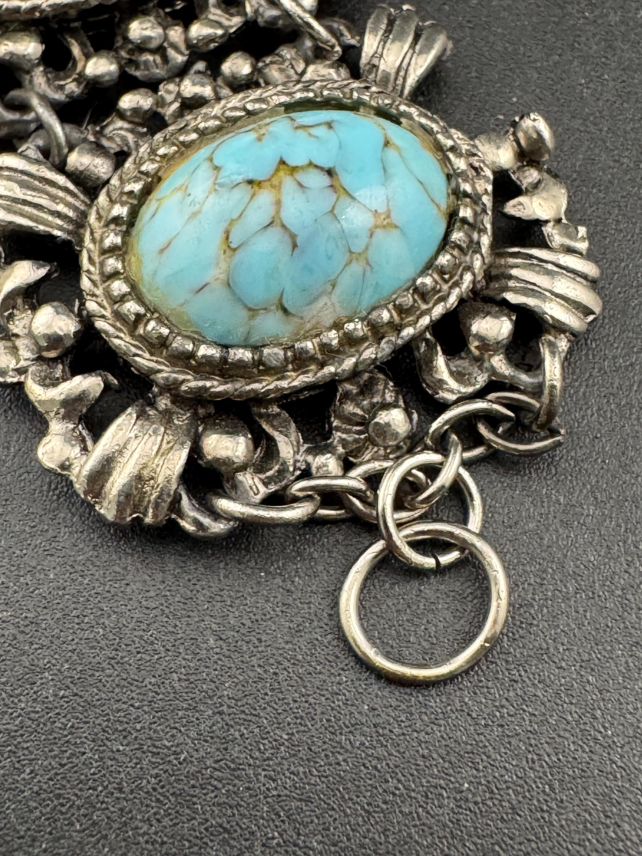 Vintage Faux Turquoise Agate Panel Bracelet: Silver Tone, 1960s-70s