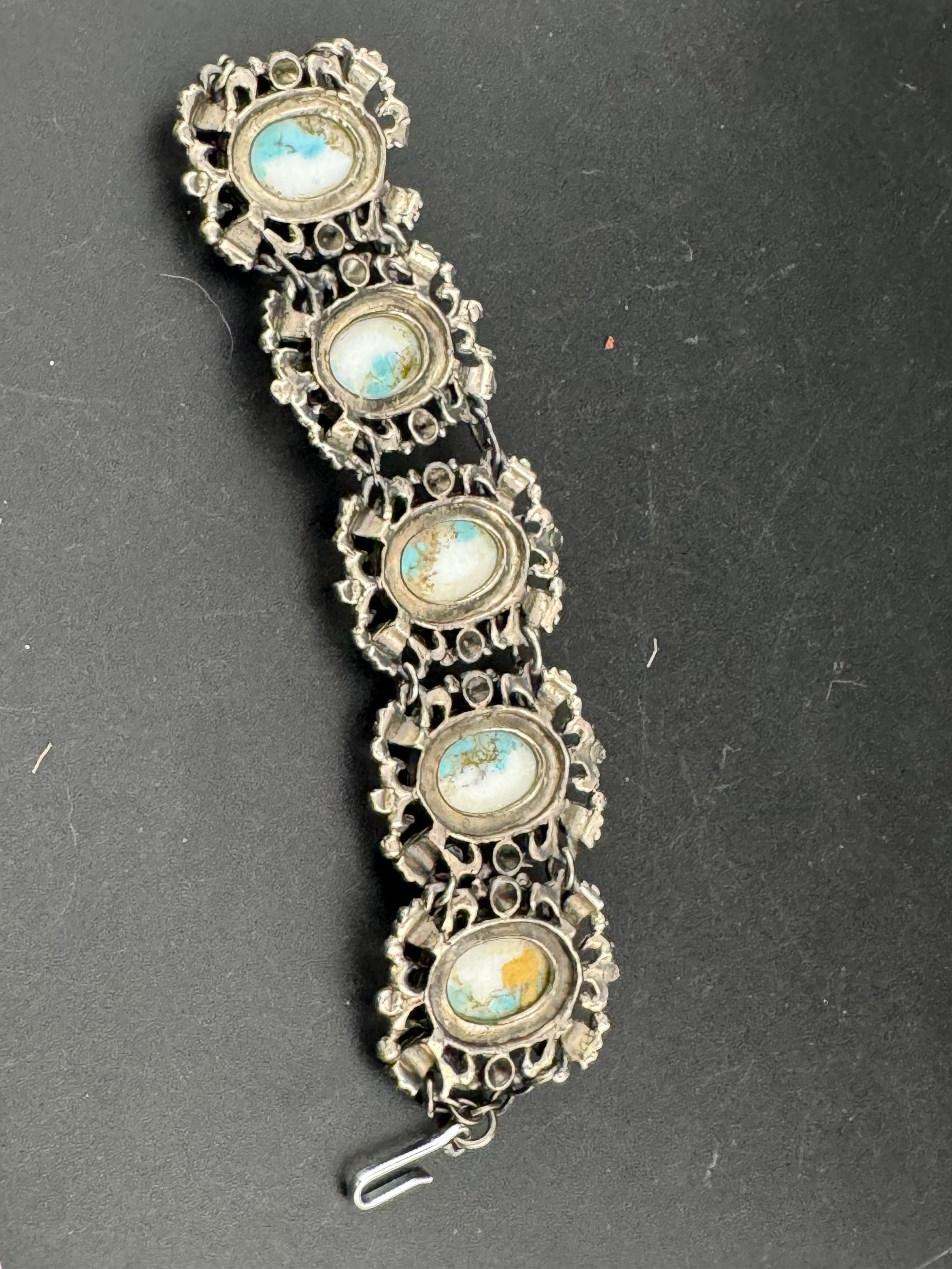 Vintage Faux Turquoise Agate Panel Bracelet: Silver Tone, 1960s-70s