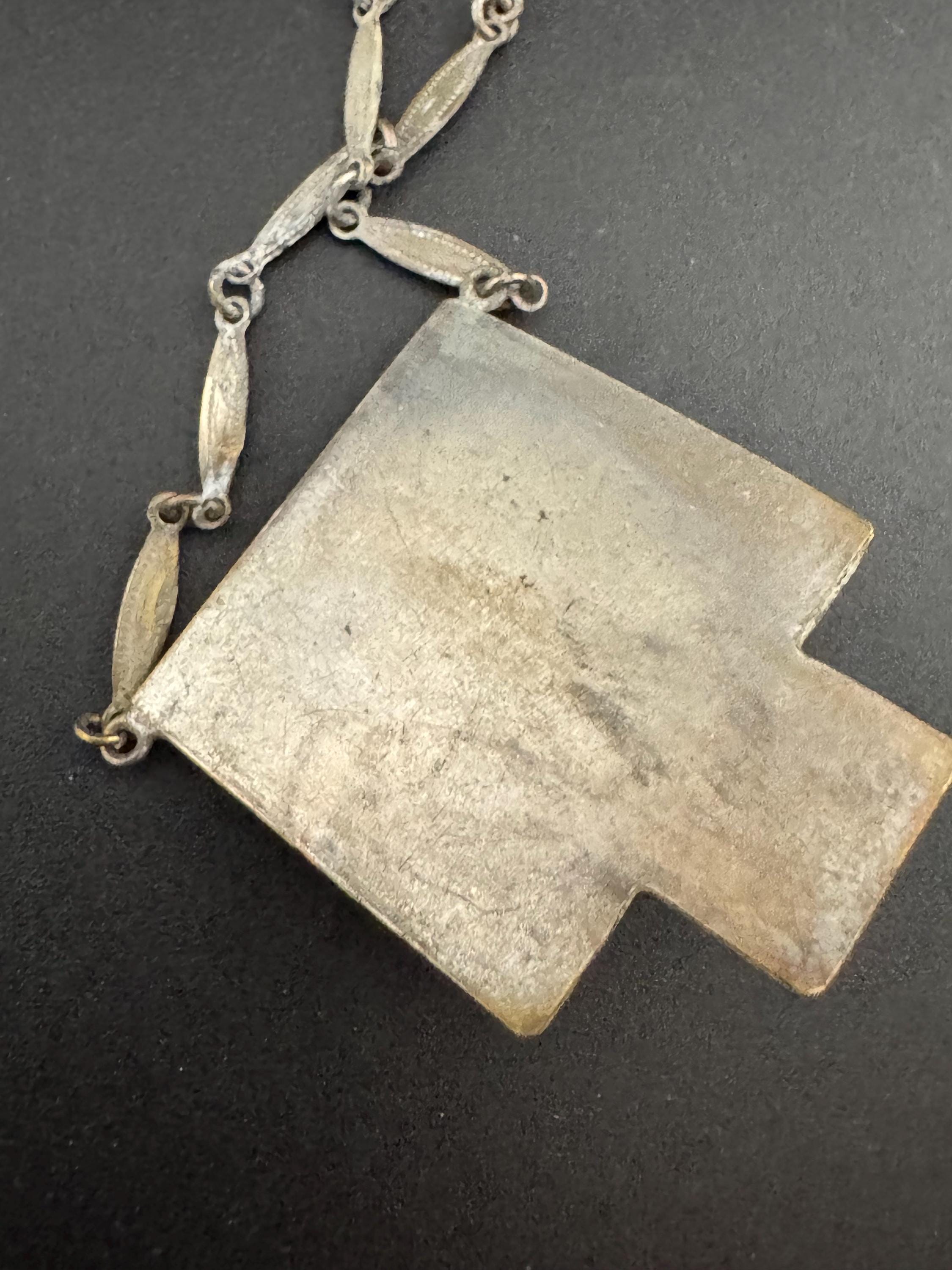 Art Deco Peking Glass Necklace: Silver Chrome Geometric Pendant, 1920s Style