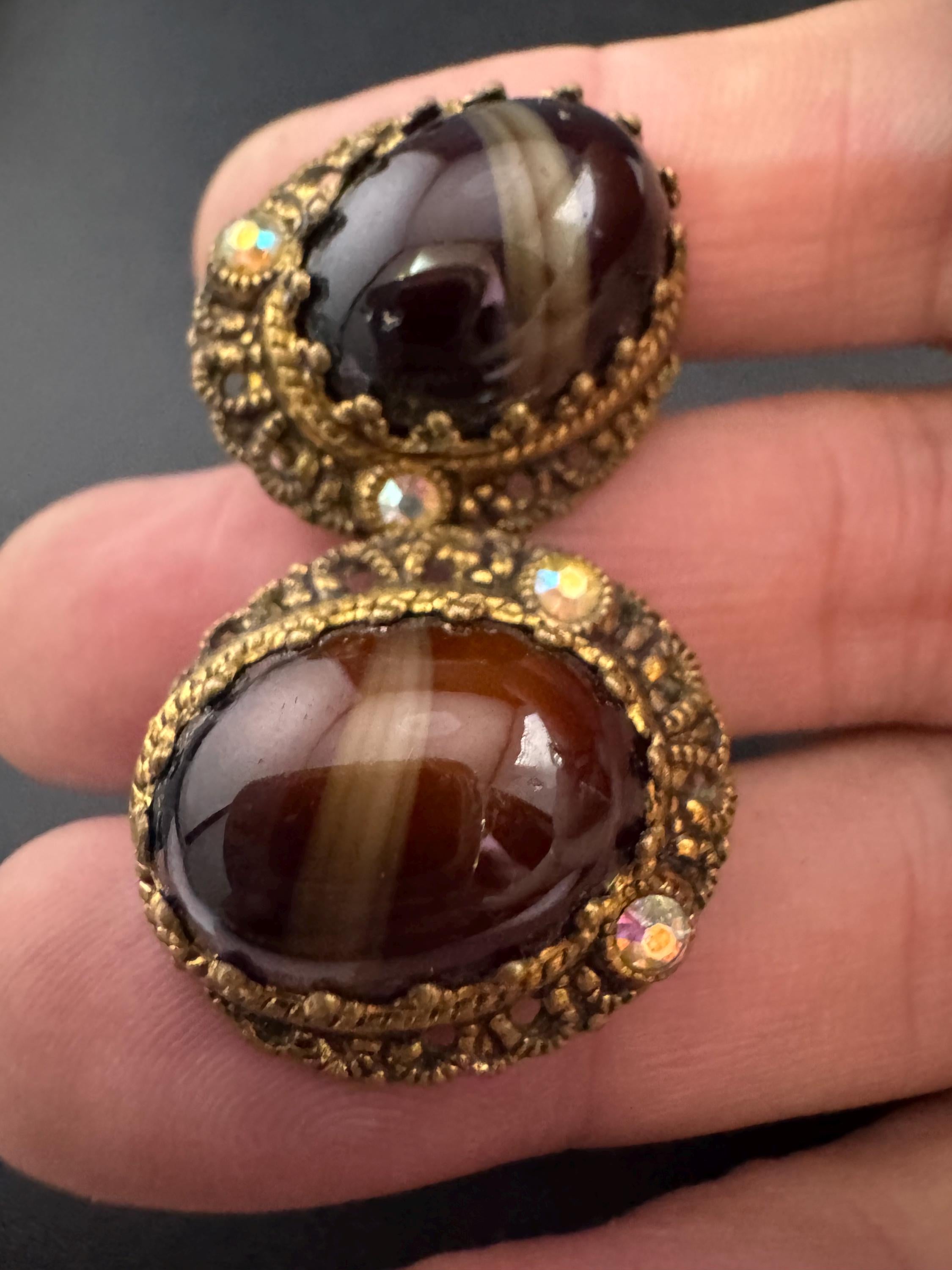 As found Vintage Czech filigree brass brown givre glass beaded ab crystal clip on earrings