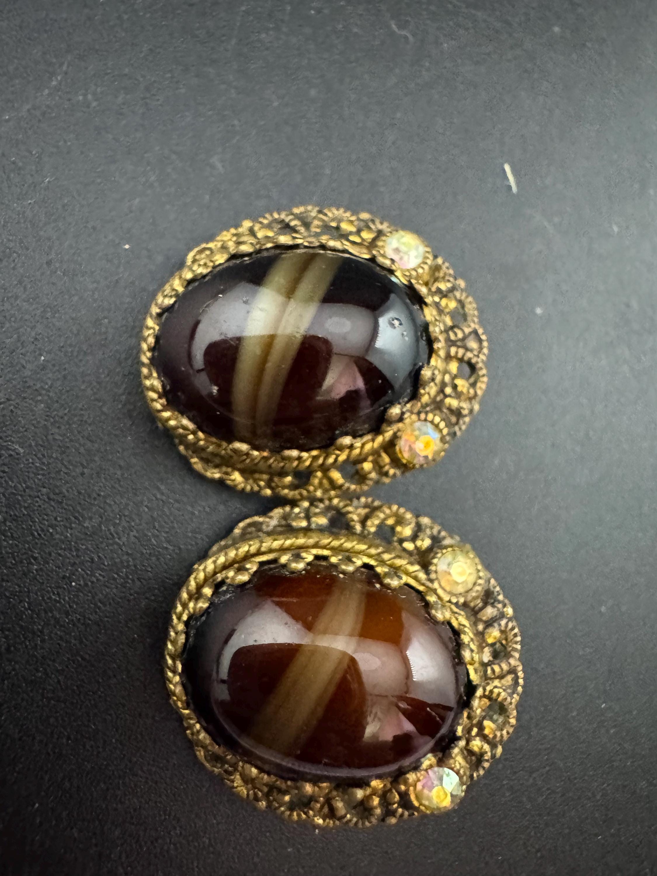 As found Vintage Czech filigree brass brown givre glass beaded ab crystal clip on earrings