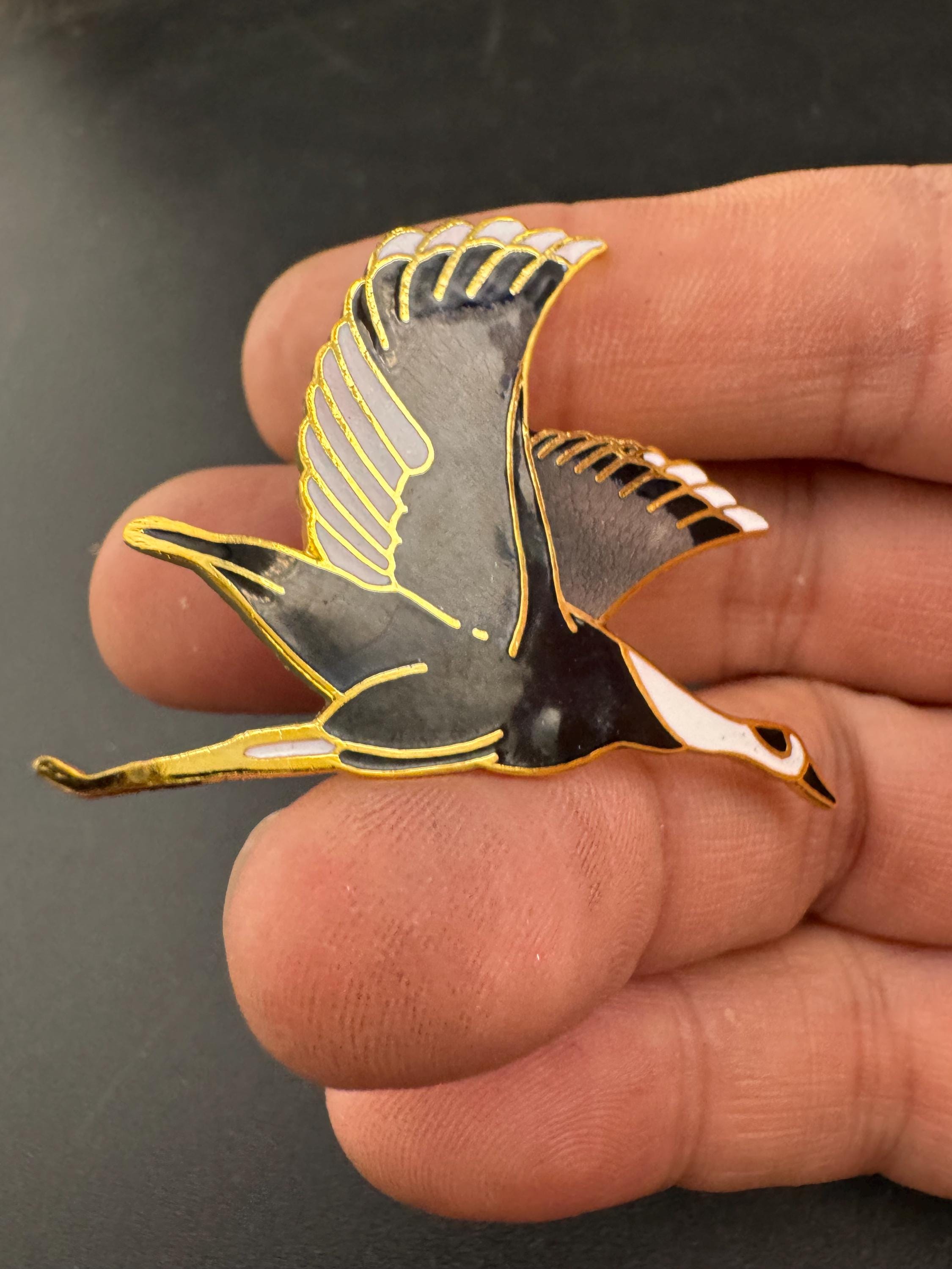 1980s Japanese Cloisonné Crane Brooch: Grey, Black & Gold Tone