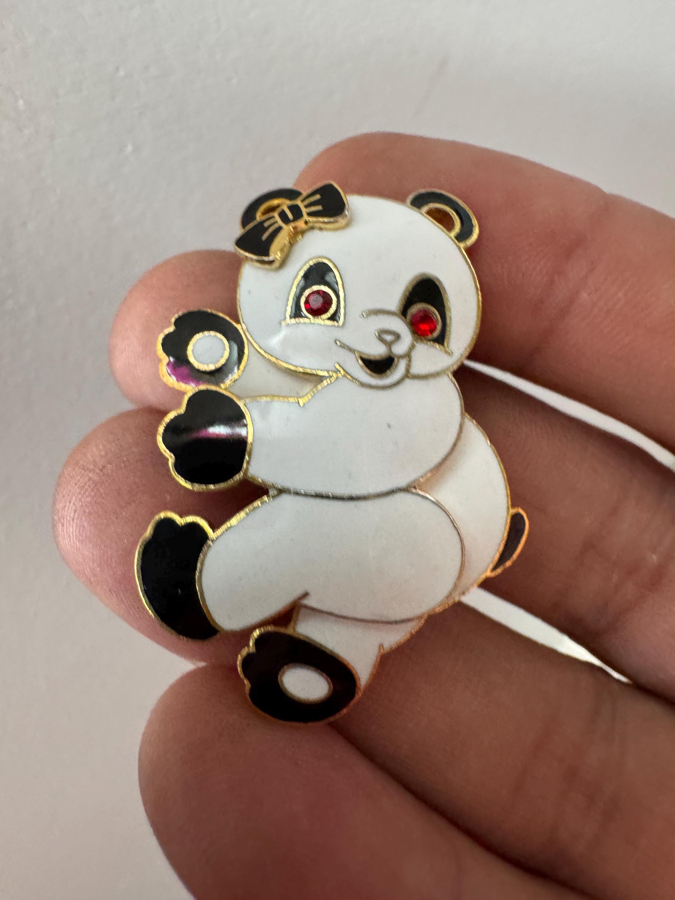 1980s Panda Bear Cloisonné Brooch: Gold Tone Enamel, Unused