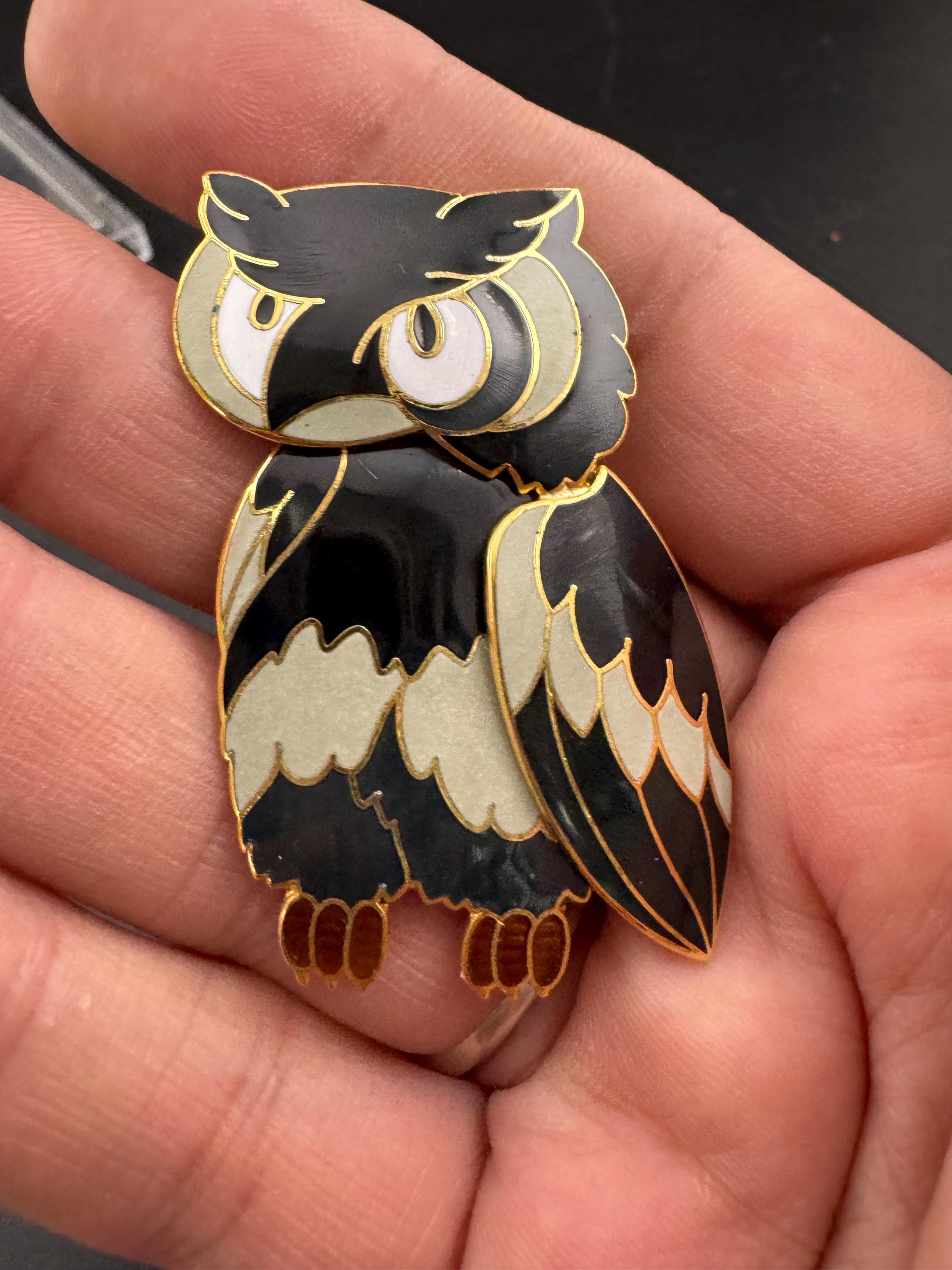 1980s Cloisonné Owl Brooch: Navy Blue & Gold Tone, Unused