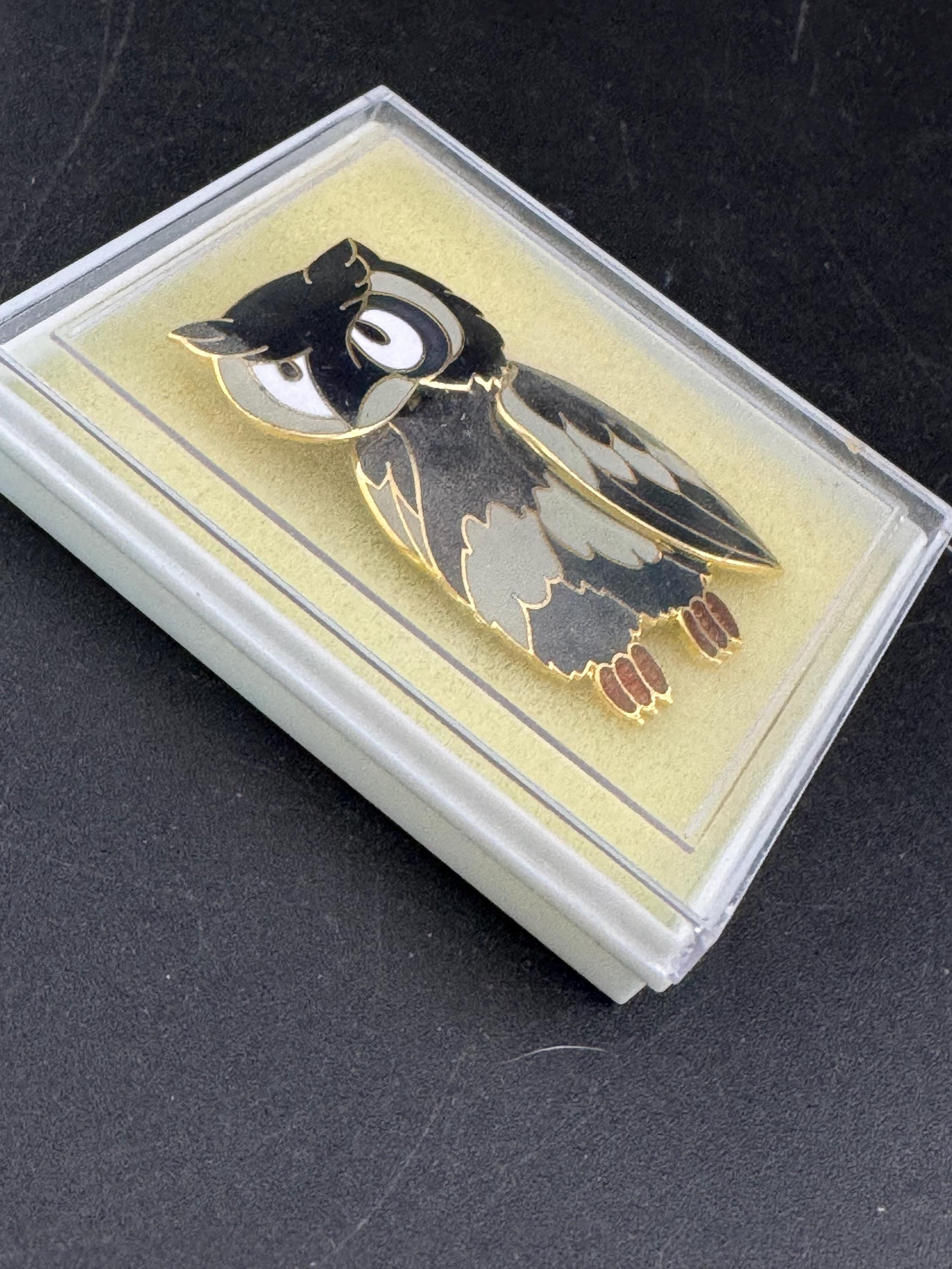 1980s Cloisonné Owl Brooch: Navy Blue & Gold Tone, Unused