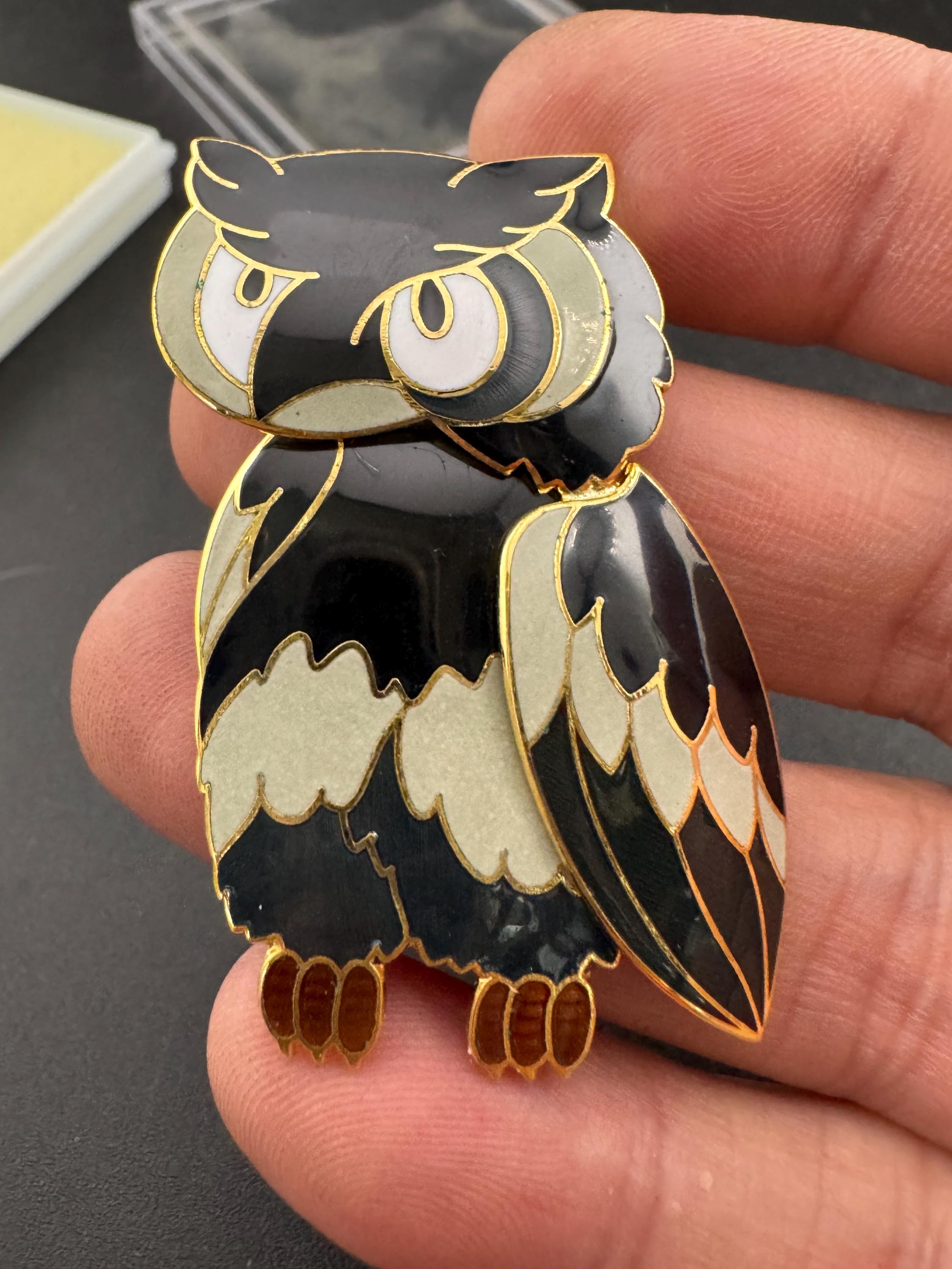 1980s Cloisonné Owl Brooch: Navy Blue & Gold Tone, Unused