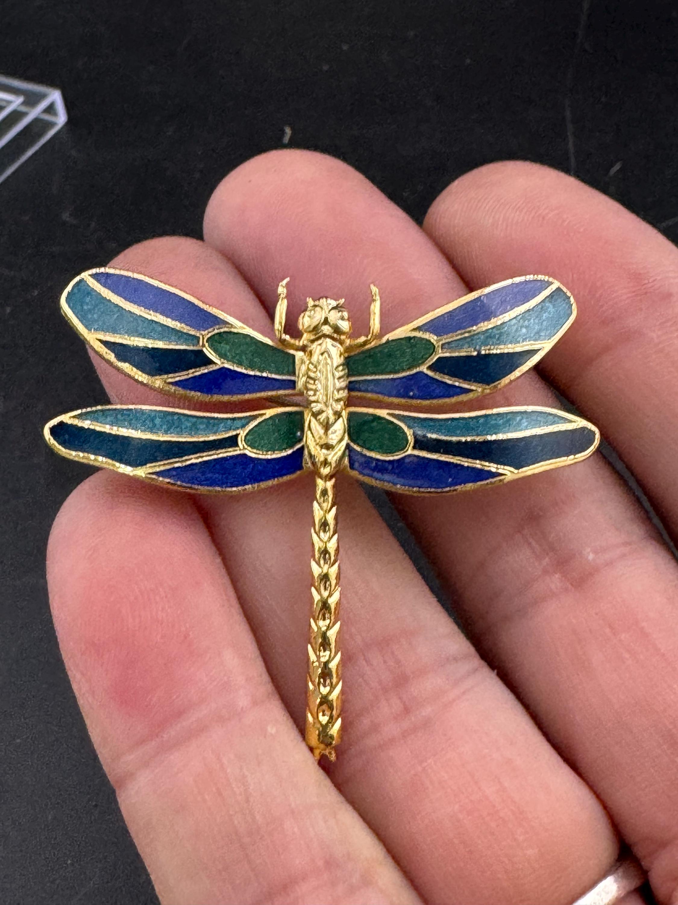 1980s Cloisonné Enamel Dragonfly Brooch: Navy, Green & Gold, Unused
