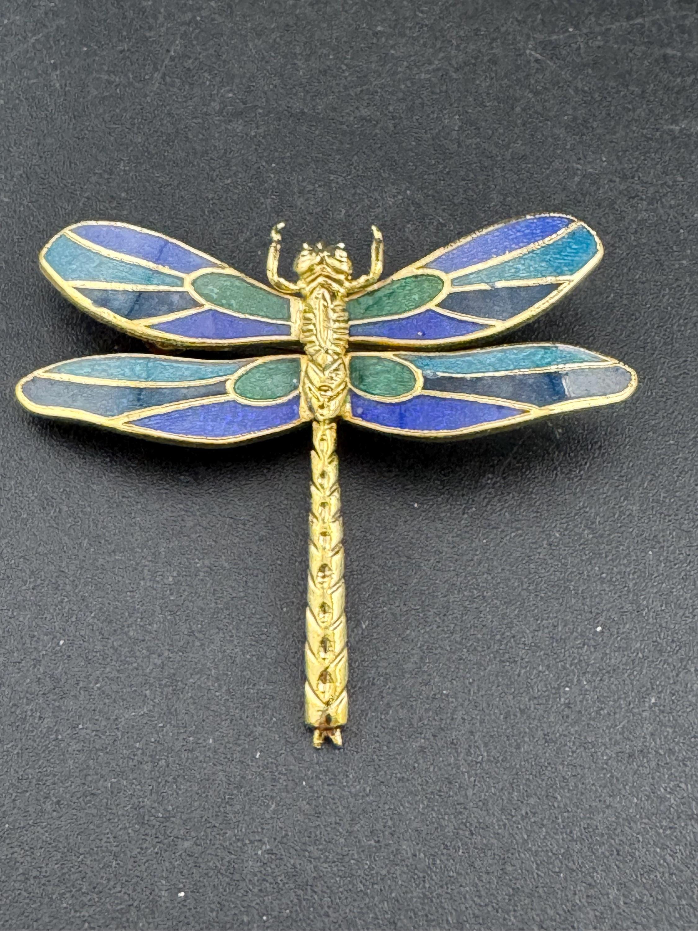 1980s Cloisonné Enamel Dragonfly Brooch: Navy, Green & Gold, Unused