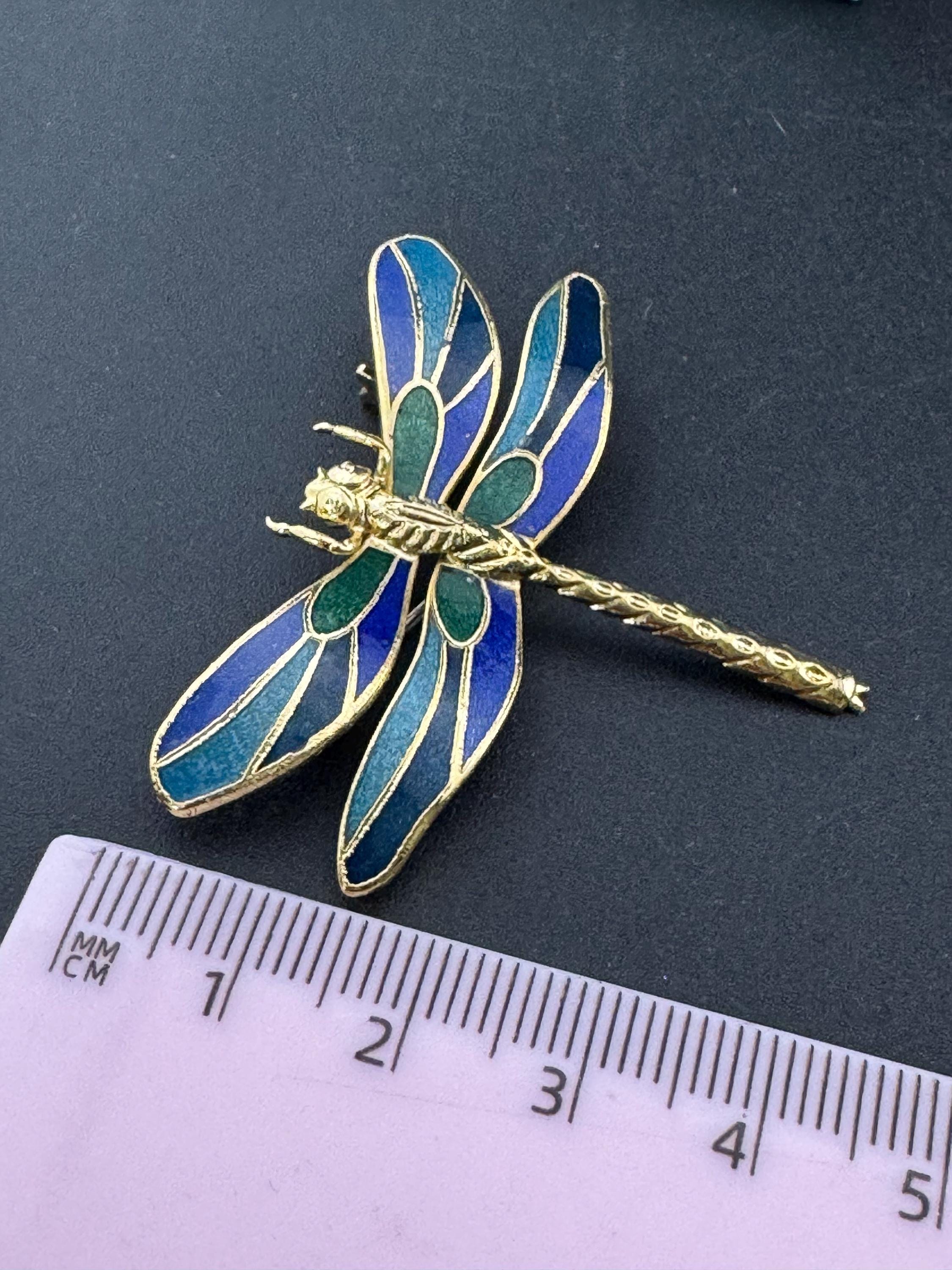 1980s Cloisonné Enamel Dragonfly Brooch: Navy, Green & Gold, Unused