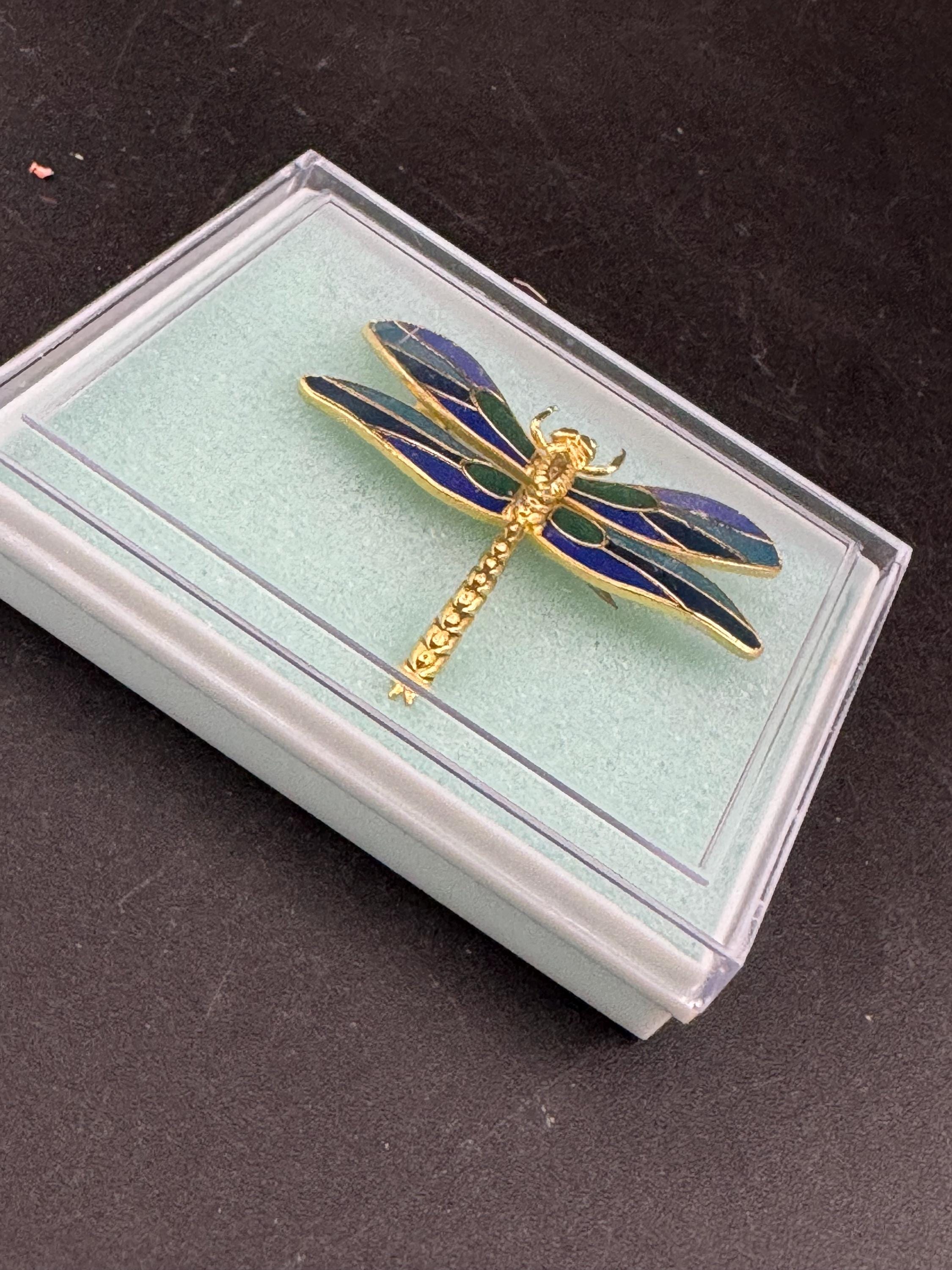 1980s Cloisonné Enamel Dragonfly Brooch: Navy, Green & Gold, Unused