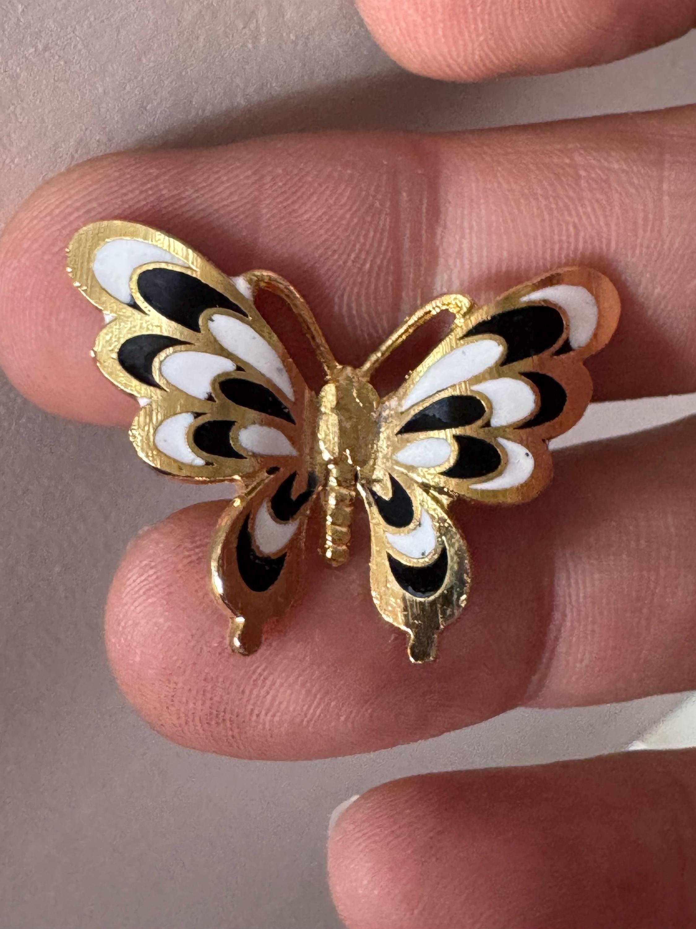 1980s Cloisonné Enamel Butterfly Brooch: Navy, Black & Gold, Unused