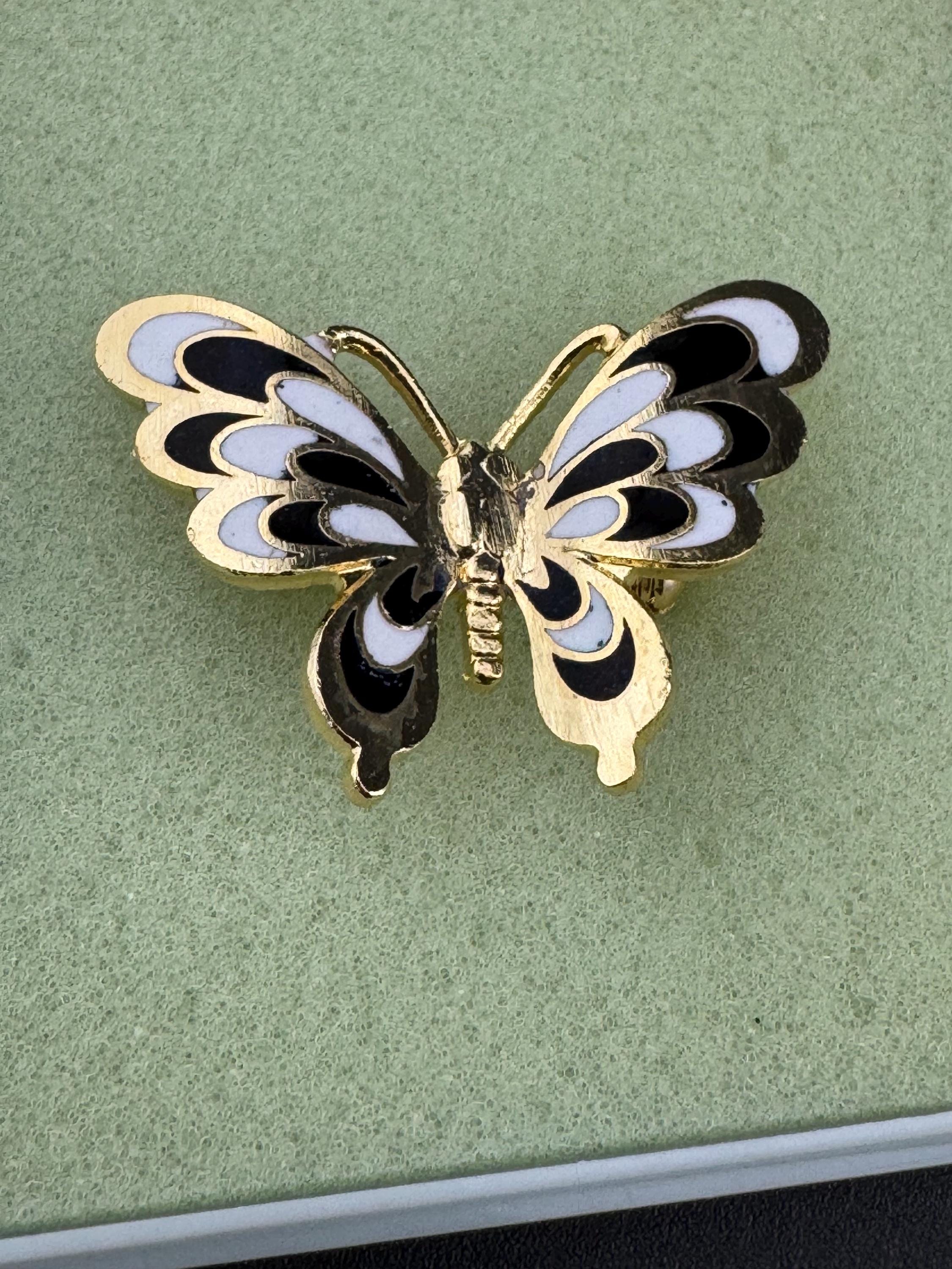 1980s Cloisonné Enamel Butterfly Brooch: Navy, Black & Gold, Unused